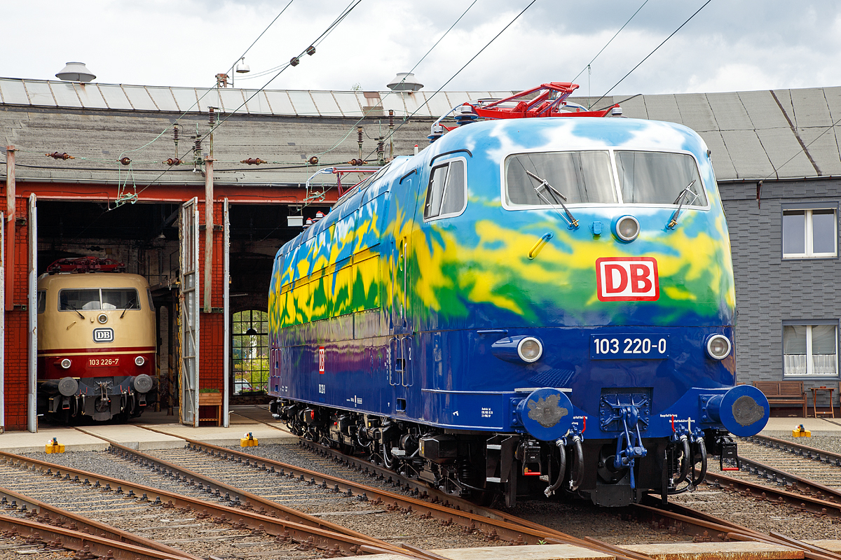
Nun erstrahlt er wieder....
Der DB-Touristikzug  Paradiesvogel , die 103 220-0 (91 80 6103 220-0 D-DB) am 27.07.2018 im Südwestfälischen Eisenbahnmuseums in Siegen. Mein Lob an Rail-Design Bäcker, ist sehr gut geworden.

Die Lok wurde 1973 bei Krauss-Maffei in München unter der Fabriknummer 19633 gebaut, der elektrische Teil ist von Siemens. Im Jahr 1995 wurde sie für den DB-Touristikzug bunt-gescheckt in saphirblau, laubgrün, verkehrsgelb, himmelblau und reinweiß lackiert, wodurch die Elemente Wasser, Land und Luft versinnbildlicht wurden. Die z-Stellung erfolgte bereit 2002, aber erst im Dezember 2012 wurde sie ausgemustert, seit 2013 ist sie im Bestand vom DB Museum.

Die Lok ist – abgesehen von einer Hauptuntersuchung und abgefahrenen Radsätzen – betriebsfähig. 