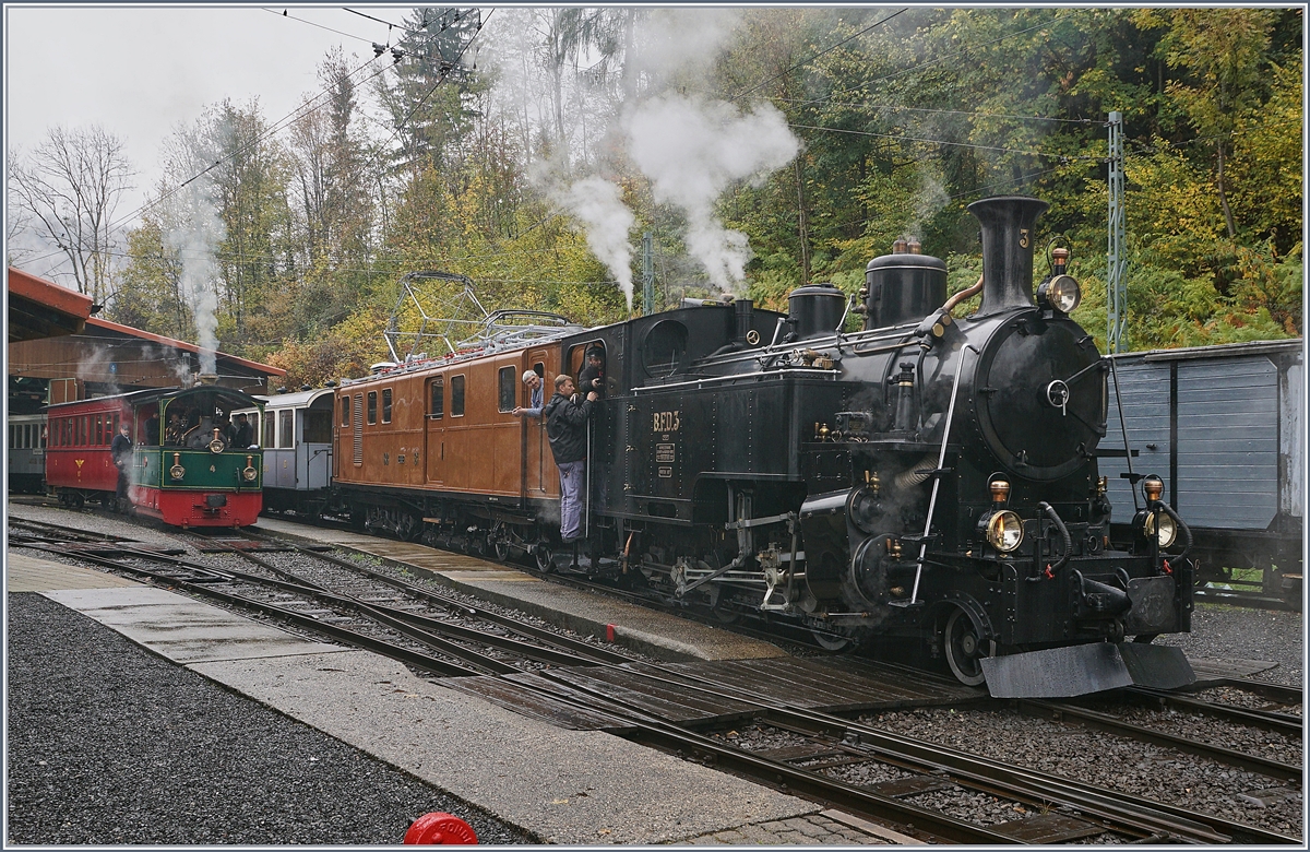 Obwohl ihre ehemaligen Einsatzgebiete quer durch die Alpen durch Meterspurgleise verbunden sind, begegneten sich die BFD HG 3/4 und die BB Ge 4/4 81 wohl nie, geschweige denn, die HG 3/4 leistet der E-Lok Vorspann Dienst -> nun beim Abschiedsfest zum 50. Saison Ende der Blonay-Chamby Bahn zeigte sich, dass die beiden Loks recht gut zusammen passen.