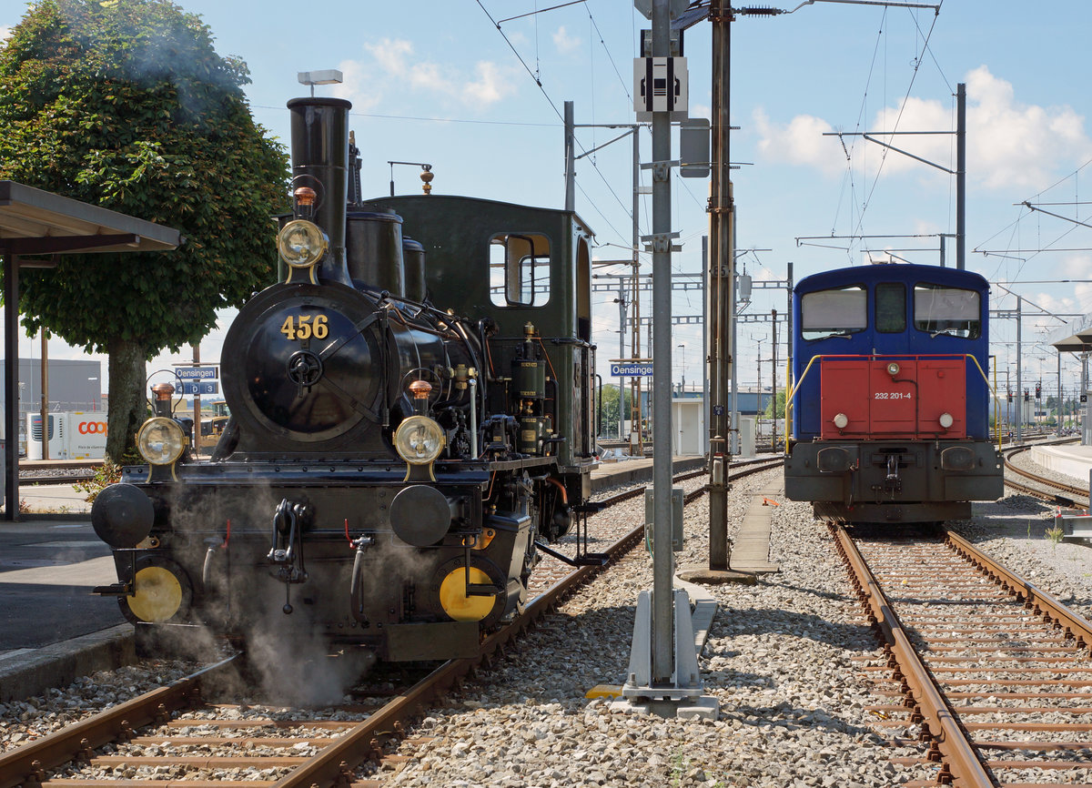 OeBB: Die firsch aufgearbeitete E 3/3 456 (ehemals NOB) vom Verein Historische Seethalbahn wartete am 6. August 2016 auf der OeBB-Endhaltestelle Oensingen auf die Rückfahrt nach Hochdorf.
Foto: Walter Ruetsch
