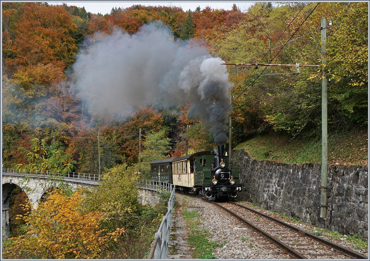  Ohne Fleiss kein Preis  - oder  ohne Rauch kein Dampf : mit einer herrlichen Rauchfahne dampft die kleine G 3/3 N° 5 der Blonay-Chamby Bahn die Steigung Richtung Chaulin hinauf. 

27. Okt. 2019