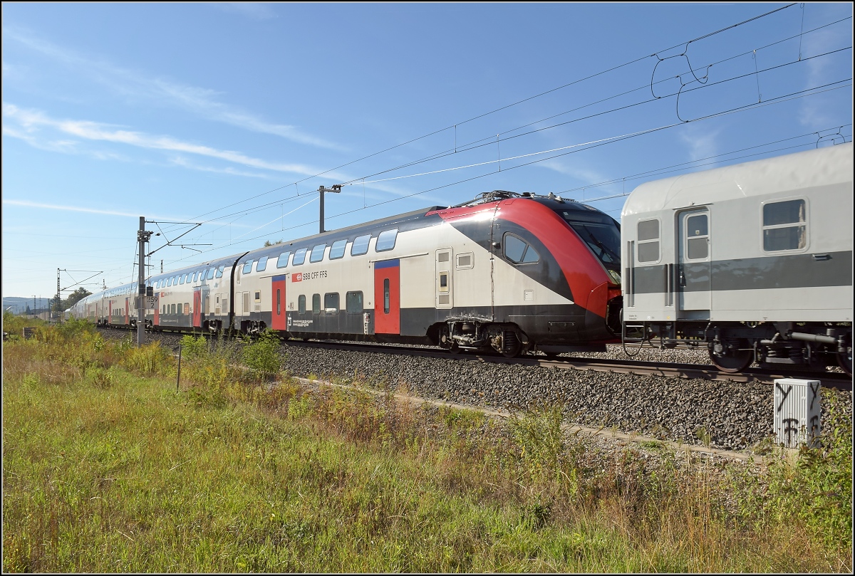 Passend zum RABe 502 203 in Donauwörth von Horst ein paar Bilder, wie er deutschen Boden betreten hat. Hier bei Binzen an der Ausfädelung aus der Altbaustrecke zum Katzenbergtunnel muss sich der Zug durch zwei S-Kurven auf gerader Strecke zwängen. September 2018.