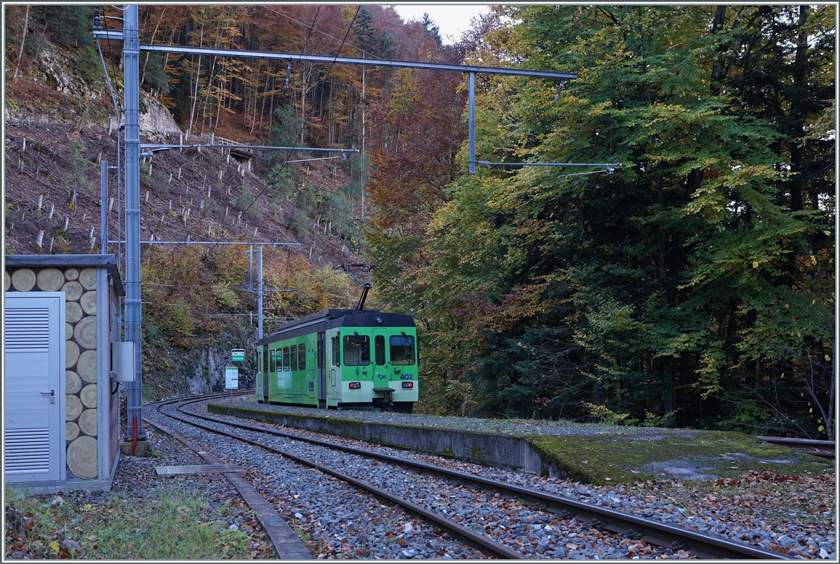 Plambuit - einer der zur Zeit zahlreichen ASD Endstationen... Unstabiles Gelände hat schon vor einiger Zeit die Strecke zwischen Exergilloud und Le Sépey (bzw. Les Planches) unterbrochen und nun hat die Forstwirtschaft beschlossen zwischen Plambuit und Exergilloud Waldarbeiten durchzuführen und dafür sicherheitshalber auch diesen Streckenabschnitt zeitweise gesperrt zu sperren. Plambuit ist ein kleiner Weiler weit weg vom Bahnhof mit sechs Bus-Verbindungen von Ollon und so gibt es am Bahnhof von Plambuit nichts, ausser viel Wald, und den ASD BDe 4/4 4/4 402, der auf die Rückfahrt nach Aigle wartet. 

5. November 2021