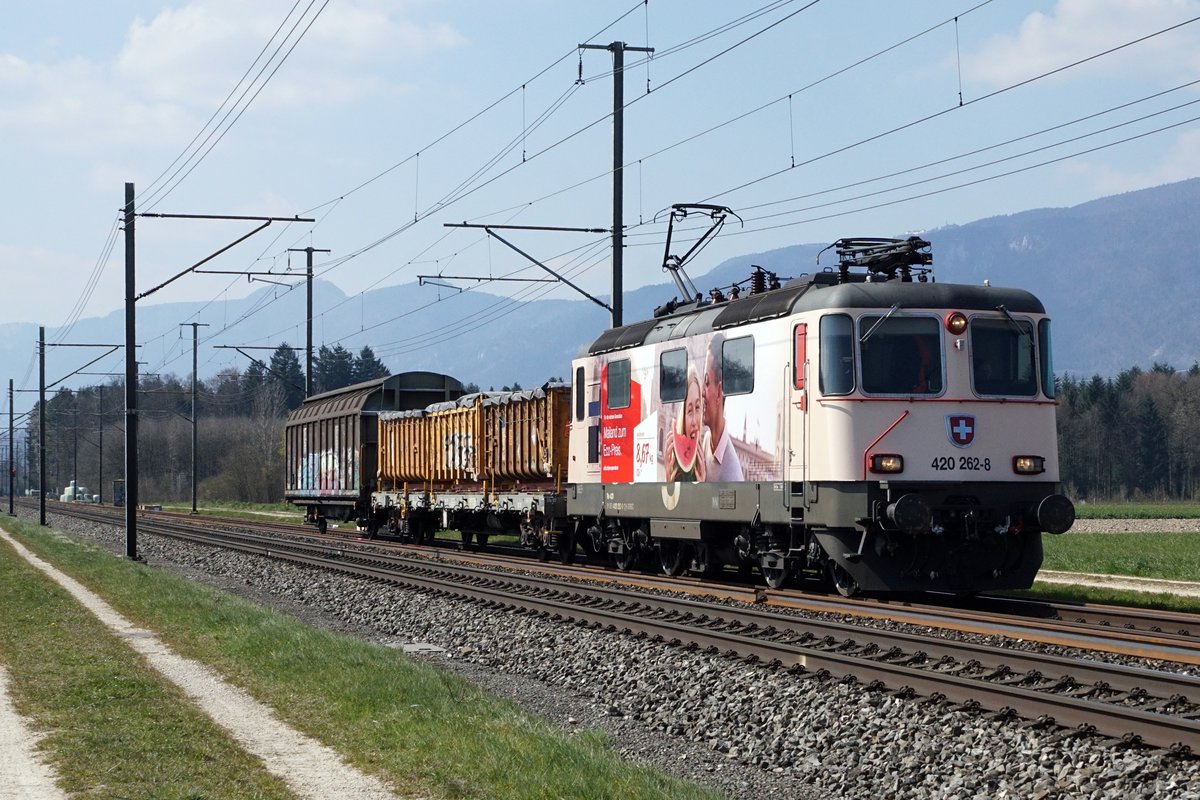 Re 420 262-8. Die neuste Werbe Re 4/4 von SBB CARGO mit einem Kurzzug bei Deitingen am 3. April 2020.
Foto: Walter Ruetsch