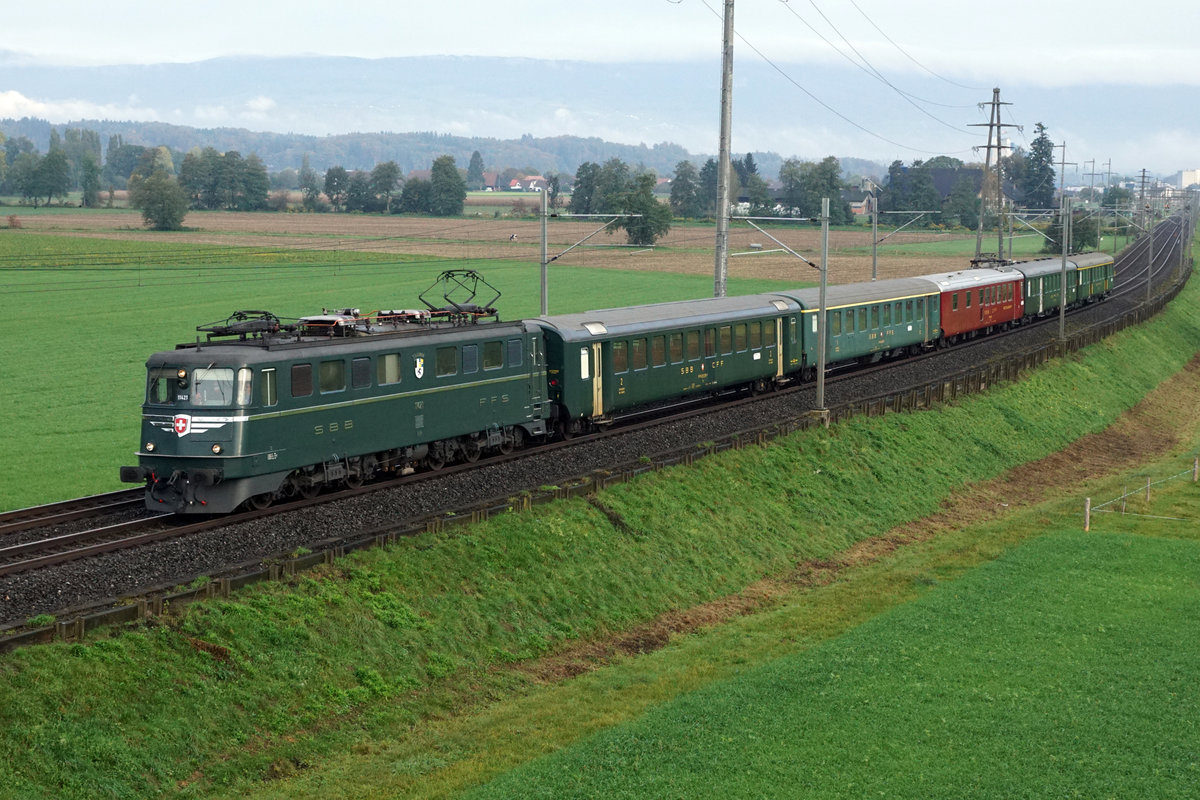 SBB Historic - Fahrt ins Blaue vom 17. Oktober 2020. Wagenüberfuhr Olten-Bern mit der Ae 6/6 11421  Graubünden  am frühen Morgen bei Bollodingen.
Foto: Walter Ruetsch