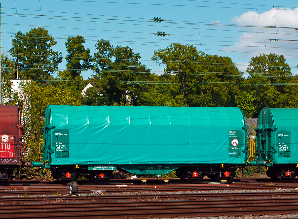 Schiebeplanenwagen bzw. Drehgestellflachwagen f�r Coiltransporte, 31 RIV 88 B-B 4671 173-3, Gattung Shimmns, Typ 3614 L1, der SNCB Logistics (B-Cargo) am 16.05.2014 in Betzdorf/Sieg.

Dieser Drehgestellflachwagen mit vier Rads�tzen, verschiebbarem Planenverdeck und Lademulden optimieren f�r die Bef�rderung n�sseempfindlicher Coils. Die Plane kann jeweils so weit zusammen geschoben werden, dass zum Be- und Entladen die Ladefl�che zu zwei Drittel freigelegt ist.

Technische Daten:
Achsanzahl: 4
L�nge �ber Puffer: 12.500 mm
Gesamtbreite: 3.061 mm
Drehzapfenabstand: 7.000 mm
Achsabstand im Drehgestell: 1.800 mm
Lademulden: 5
H�chstgeschwindigkeit: 120 km/h (leer) / 100 km/h (beladen)
Maximales Ladegewicht: 67,3 t
Eigengewicht: 22.350 kg

