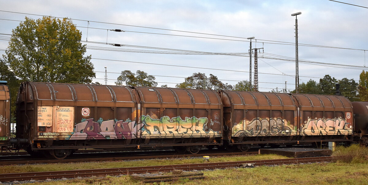 Schwedische Schiebewandwageneinheit vom Einsteller Transwaggon AB mit der NR. 24 RIV 74 S-TWASE 4220 872-1 Laiis 921, Ladegut: Stückgüter in einem gemischten Güterzug am 15.10.25 Höhe Bahnhof Frankfurt/Oder.