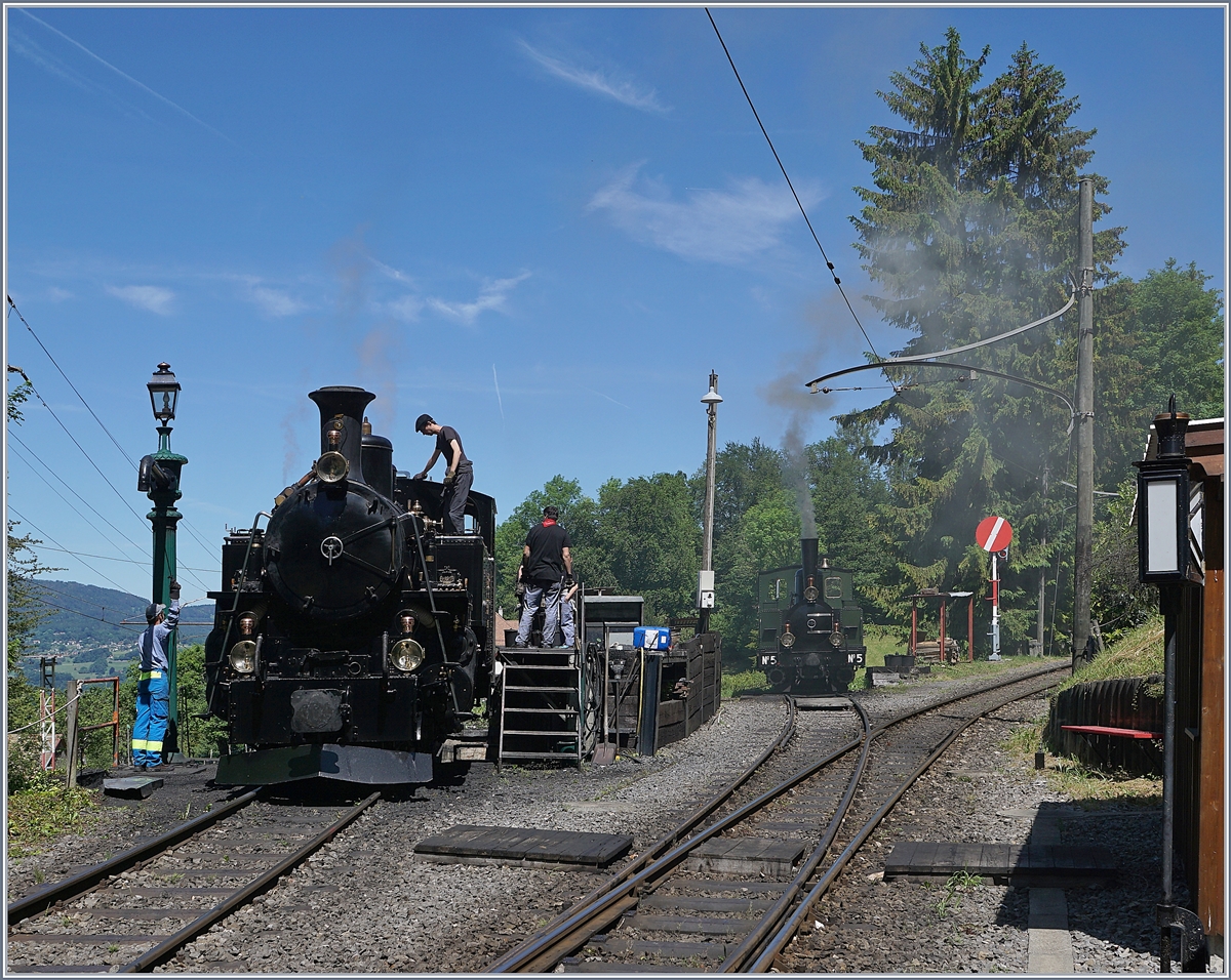 Sieben auf einen Streich: In Chaulin wir die Blonay-Chamby BFD HG 3/4 N° 3 für die Fahrt nach Vevey vorbereitet. 

8. Juni 201