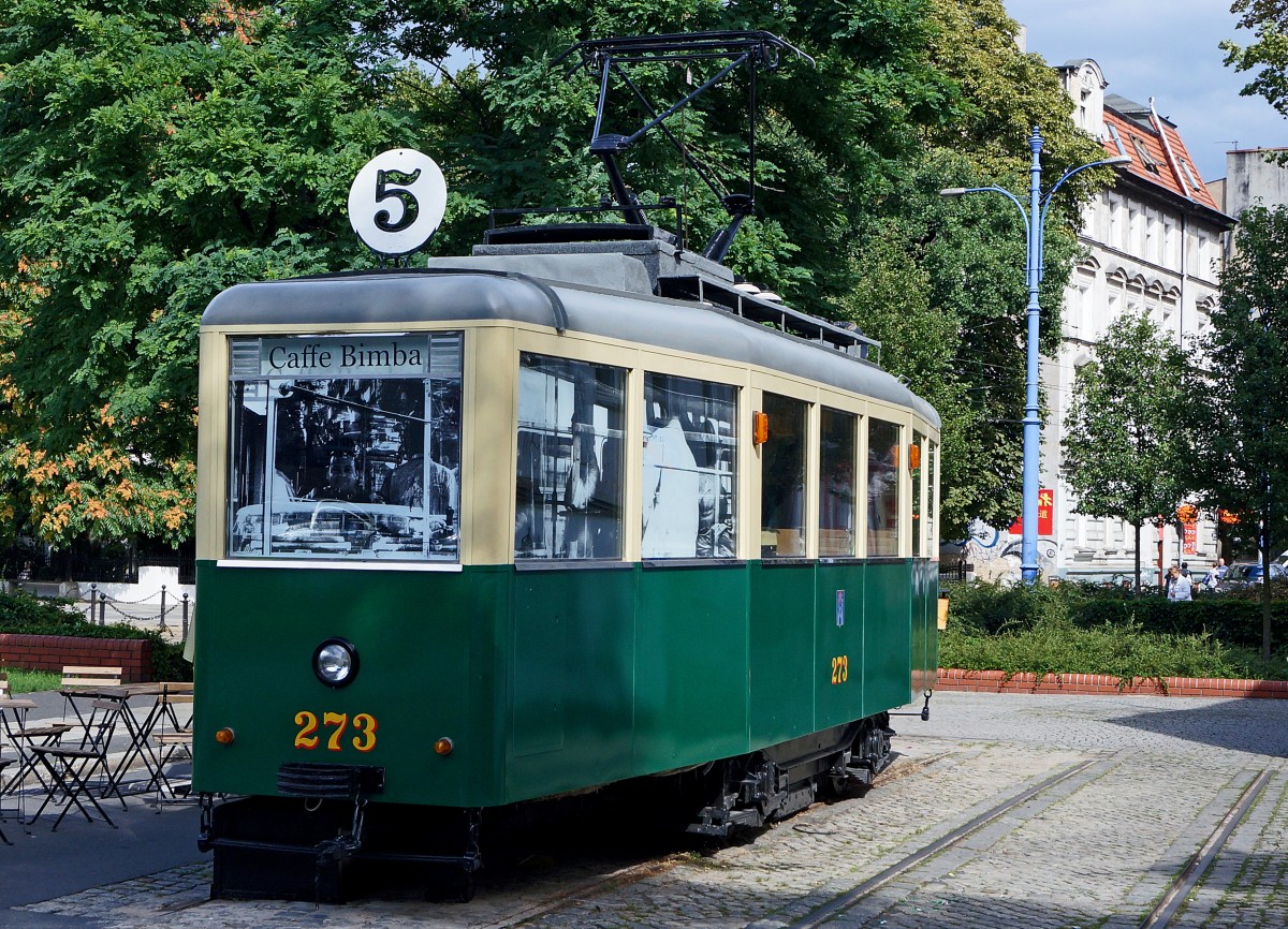 STRASSENBAHNBETRIEBE IN POLEN
Historische Strassenbahnen POSEN
Motorwagen 273 als Caffe Bimba aufgenommen am 16. August 2014.  
Foto: Walter Ruetsch