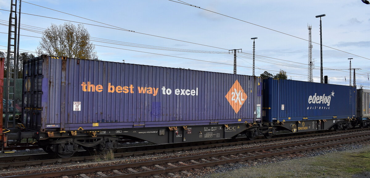 Tschechischer Gelenk-Containertragwagen vom Einsteller Tenutado SK, a.s. vermietet an PCC Intermodal S.A. mit der Nr. 33 TEN 54 CZ-TNTD 4961 157-3 Sggmrss 530.0 (GE) in einem Containerzug am 29.10.25 Höhe Bahnhof Frankfurt/Oder.  Tschechischer Gelenk-Containertragwagen vom Einsteller Tenutado SK, a.s. vermietet an PCC Intermodal S.A. mit der Nr. 33 TEN 54 CZ-TNTD 4961 157-3 Sggmrss 530.0 (GE) in einem Containerzug am 29.10.25 Höhe Bahnhof Frankfurt/Oder.