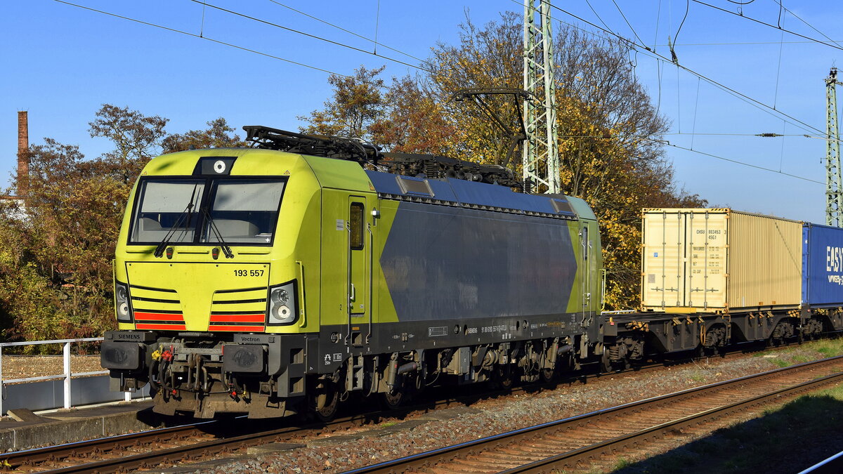 TX Logistik AG, Troisdorf [D] mit der geleasten Alpha Trains Vectron  193 557  [NVR-Nummer: 91 80 6193 557-6 D-ATLU] und einem Containerzug  am 06.11.25 Höhe Bahnhof Magdeburg-Neustadt.