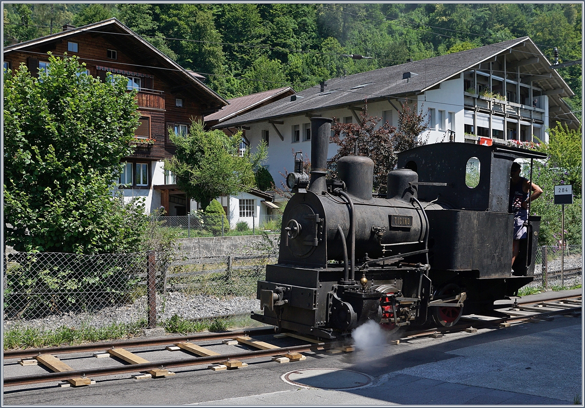 Von Alters her war die Magadino-Ebene eine fruchtbare Landschaft, bis 1515 ein Bergsturz die Gegend verw�stete. Mit dem Bau der Eisenbahn nach Locarno Ende des 19 Jahrhunderts wurde dann die Sumpflandschaft entw�ssert und der Ticino begradigt. Dazu erhielt das Consorzio Correzione del Fiume Ticino diese kleine G 2/2 Bn2t. Die Lok wurde von Arnold Jung in Jungenthal bei Kirchen im Jahre 1889 unter der Fabriknummer 59 gebaut. 1941 wurde die Lok abgestellt und am 20. Mai 2016 als Leihgabe der Familie Travani an Martin Horath abgegeben. Seit dem 3. Sept. 2016 f�hrt die Lok wieder. Das Bild zeigt die G 2/2  Ticino  bei Pendelfahrt auf einem eigens dazu verlegten Gleis in Brienz im Rahmen der Schweizer Dampftage Brienz 2018.

30. Juni 2018 