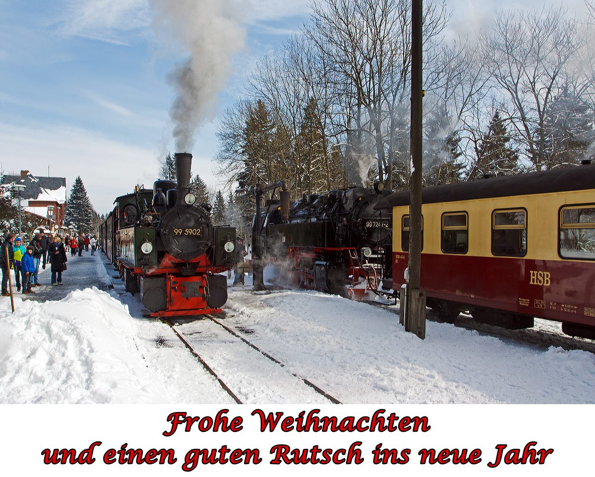 
Wünsche ich Euch allen und Euer Familie, zudem wünsche ich Euch Gesundheit und ein erfolgreiches Jahr 2015, auf das alle Eure Wünsche in Erfüllung gehen. 

Ich selbst wünsche mir Frieden auf der ganzen Welt! 

Zum Bild:
Links die Jung-Malletlok 99 5902, ex NWE 14, ex NWE 12 (ab 1927) mit HSB-Traditionszug beim Halt im Bahnhof Drei Annen Hohne am 23.03.2013, sie ist auf dem Weg zum Brocken hinauf. 
Rechts fährt die Neubaulok 99 7247-2, ex DR 99 247, mit einem Personenzug ein.
