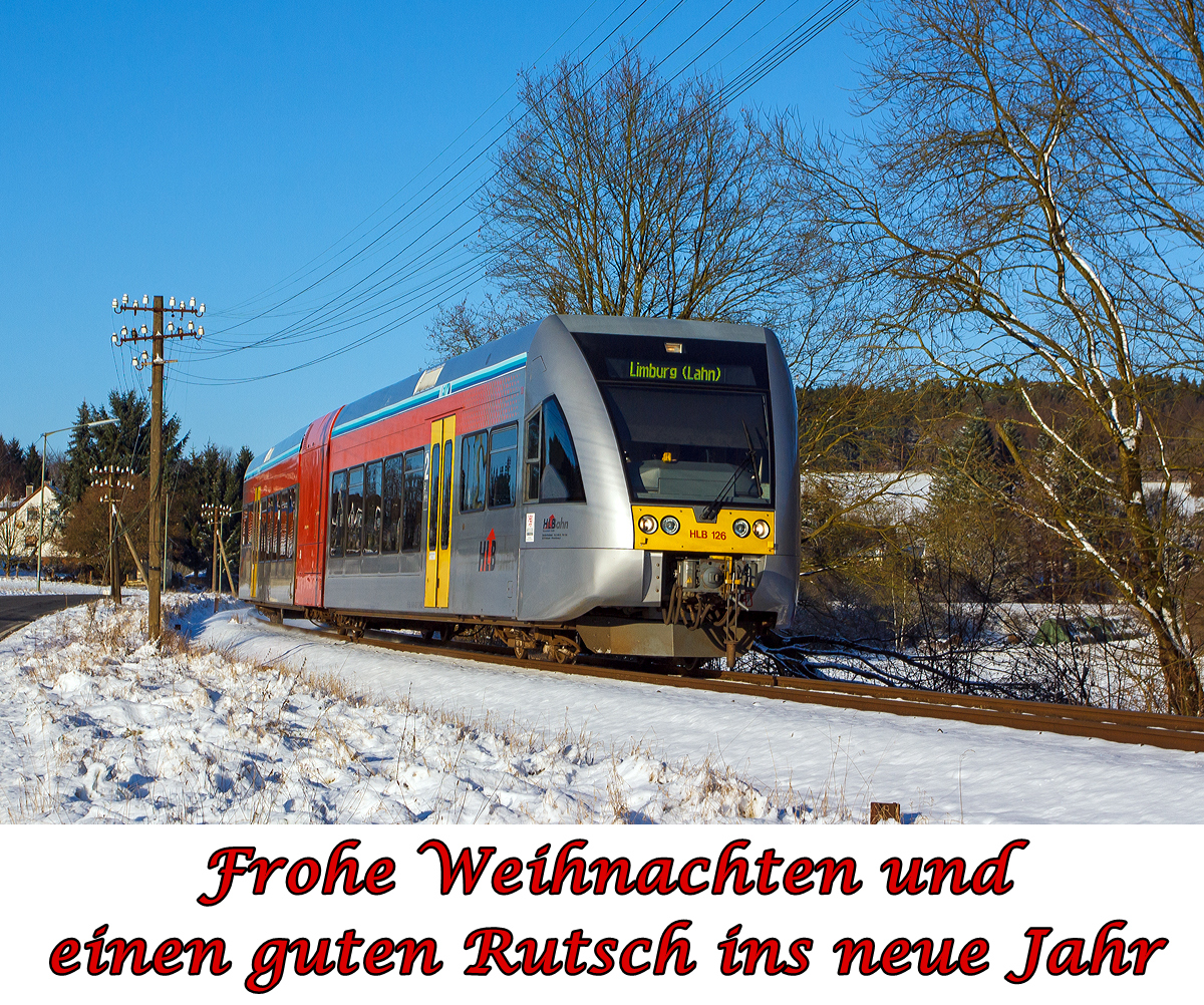 
W�nsche ich Euch allen und Eurer Familie, zudem w�nsche ich Euch Gesundheit und ein erfolgreiches Jahr 2016, auf das alle Eure W�nsche in Erf�llung gehen. 

Zum Bild:
Der VT 126 ein Stadler GTW 2/6 der HLB (Hessische Landesbahn GmbH) am 28.12.2014 kurz vor dem Haltepunkt Obererbach (bei Altenkirchen/Westerwald). Der Triebzug f�hrt als RB 90 (ehemals RB 28)  Oberwesterwaldbahn  die Verbindung Au(Sieg)-Altenkirchen-Hachenburg-Westerburg-Limburg(Lahn).