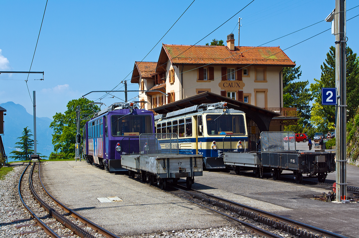 
Zugkreuzung der Transports Montreux-Vevey-Riviera (MVR) ex Chemin de fer Glion–Rochers-de-Naye (GN) am 26.05.2012 im Bahnhof Caux. Links der Triebwagen Bhe 4/8 303  Villeneuve  auf Tahlfahrt und rechts Triebwagen Bhe 4/8 301  Montreux  . 

Die beide Elektrischen Zahnradtriebwage wurde 1983 von der Schweizerische Lokomotiv- und Maschinenfabrik (SLM) gebaut, der elektrische Teil ist von Siemens (Werk Erlangen). Die Stundenleistung beträgt 800 kW (1088 PS), die Spurweite ist 800 mm mit dem Zahnradsystem Abt.