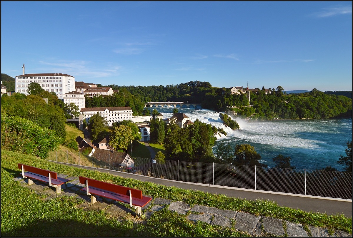 Zugsuchbild mit Rheinfall. Einen DTZ RABe 514 gilt es zu entdecken. Juli 2016.