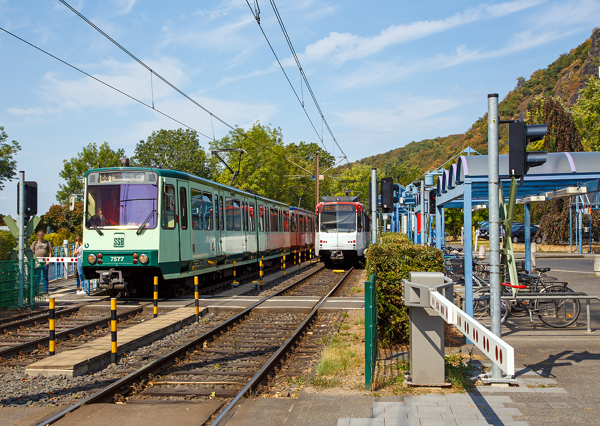 
Zwei gekuppelte DÜWAG B 100S Hochflur-Gelenktriebwagen (TW 7577 und TW 7575) der SSB (Elektrische Bahnen der Stadt Bonn und des Rhein-Sieg-Kreises) verlassen am 28.08.2018 die Station Rhöndorf Bf, und fahren als Linie 66 weiter in Richtung Bad Honnef. Diese Hochflurstadtbahnwagen vom Typ B 100S (mit geteilte Frontscheibe) wurden 1975 von DÜWAG gebaut.  

Recht in Gegenrichtung die beiden gekuppelten Triebwagen 7651 und 7459 der SWB (Stadtwerke Bonn Verkehrs GmbH), zwei modernisierte DUEWAG Stadtbahnwagen vom Typ B 80C-Z (ex B 100S) die, wenn gleich das Gleis frei ist, in Richtung Bonn weiter fahren.
