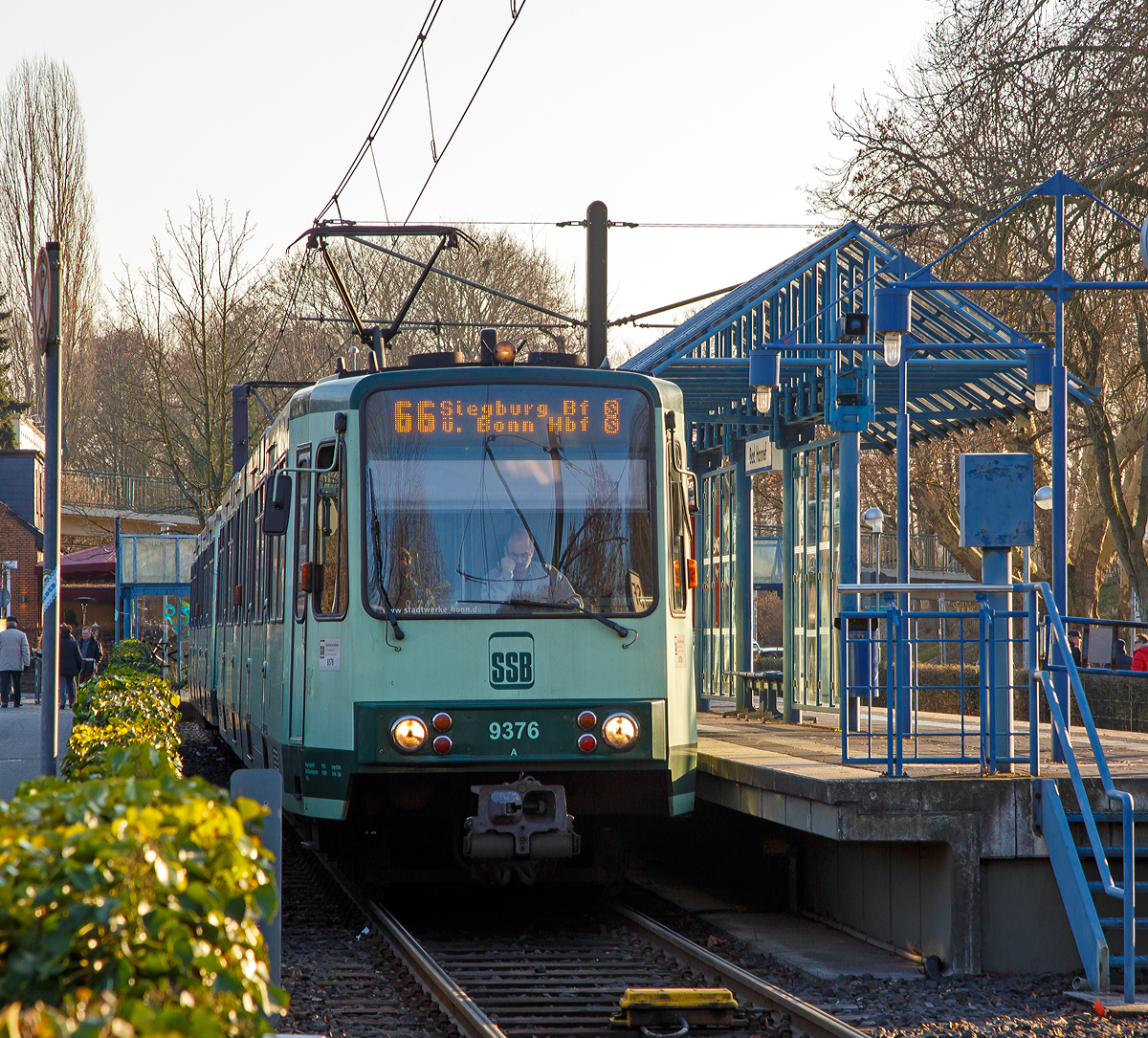 
Zwei gekuppelte Triebwagen 9376 und 9364 der SSB (Elektrische Bahnen der Stadt Bonn und des Rhein-Sieg-Kreises) stehen am20.01.2019 in der Station Bad Honnef, als Linie 66 nach Siegburg Bf über Bonn Hbf (Telekom Express) zur Abfahrt bereit.

Bei den Gelenk-Fahrzeugen handelt es sich um Stadtbahnwagen Typ B der dritten Generation (fünfte Serie) von der Düsseldorfer Waggonfabrik DUEWAG, mit Typbezeichnung DUEWAG B100C /6. Die Typbezeichnung bedeutet B-Wagen; Höchstgeschwindigkeit 100 km/h; Gleichstrommotor mit Chopper-Steuerung; Sechsachser

TECHNISCHE DATEN:
Baujahr: 1993
Spurweite: 1.435 mm
Bauart: 6xGlTwZR
Achsfolge: Bo'+1'1'+Bo'
Gesamtlänge: 28.000 mm
Wagenkastenbreite : 2.650 mm
Eigengewicht: 39.400 kg
Dienstgewicht: 56.885 kg
Leistung: 2 x 235 kW = 470 kW
Höchstgeschwindigkeit: 100 km/h
Netzspannung: 750 V DC Oberleitung
Niederfluranteil: 0 %
Sitzplätze: 72
Stehplätze: 111(4 Pers/m²)
Fußbodenhöhe: 1.000 mm

Wer heute mit der Bonner Stadtbahnlinie 66, dem  Telekom-Express , zwischen Bad Honnef, Bonn und Siegburg unterwegs ist, wird kaum noch wissen, dass es sich um eine ehemalige elektrische Kleinbahn handelt, die mit dem ellenlangen Namen  Elektrische Bahnen der Kreise Bonn-Stadt, Bonn-Land und des Siegkreises SSB  unter Beteiligung der genannten Gebietskörperschaften gegründet wurde, um sowohl den Siebengebirgsraum als auch die Kreisstadt Siegburg mit Bonn zu verbinden. Die Abkürzung  SSB  bedeutet übrigens  Siegburger und Siebengebirgsbahn . Die gesamte Betriebsführung obliegt seit 2004 jedoch der SWB Bus und Bahn (Tochter der Bonner Stadtwerke).