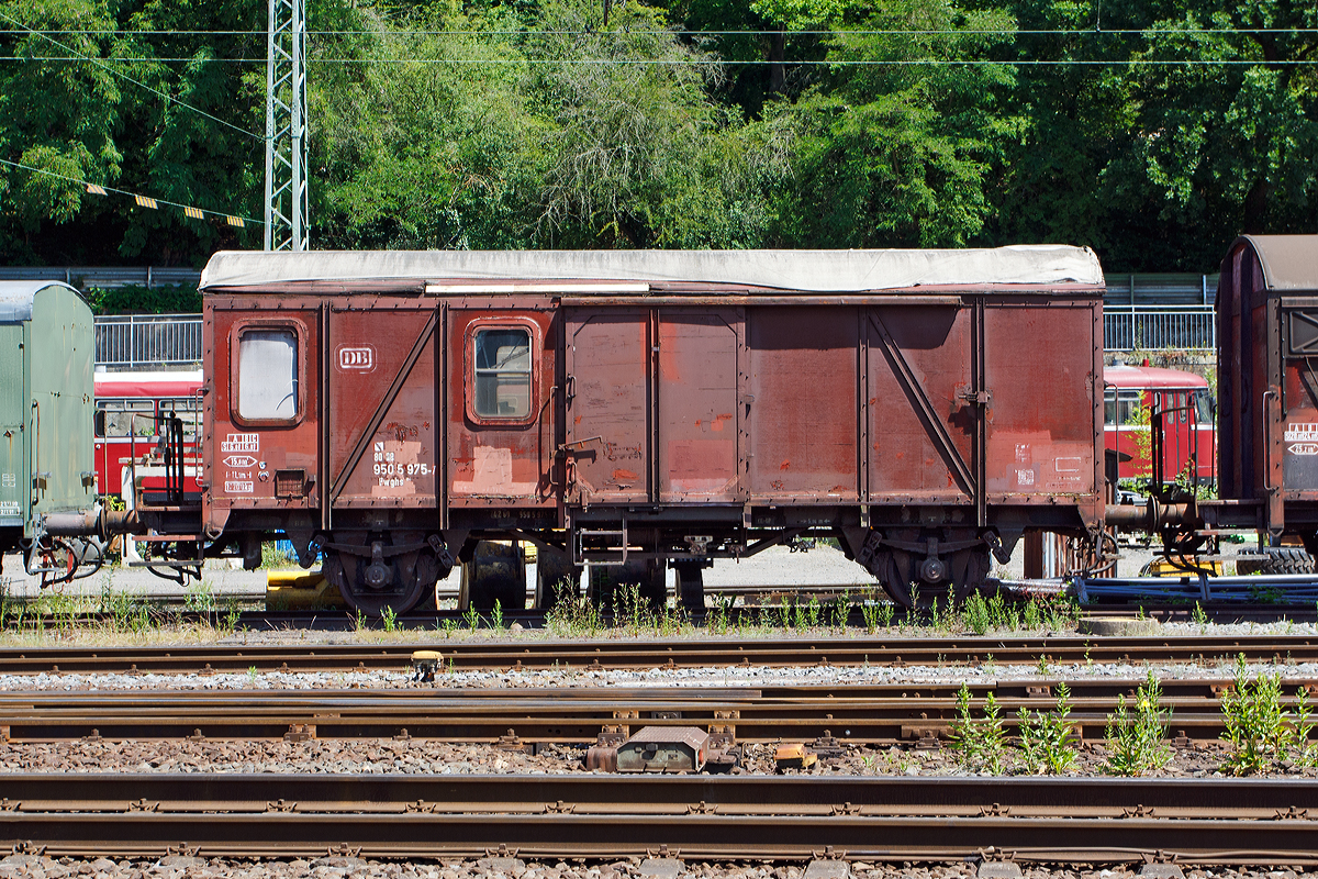 
Zweiachsiger Güterzug-Begleitwagen Pwghs 54, ex DB 42 80 950 5 975-7, der Eifelbahn Verkehrsgesellschaft mbH (EVG) abgestellt am 06.06.2014 in Linz am Rhein. 

Technische Daten:
Spurweite: 1.435 mm
Länge über Puffer: 13.100 mm
Achsabstand: 5.840 mm
Eigengewicht: 12.200 kg
max. Zuladung: 6.000 kg
zul. Höchstgeschwindigkeit: 100 km/h 