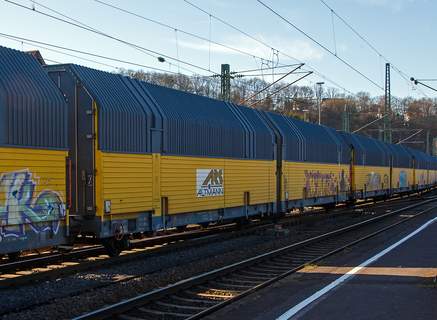 2 x 2-achsiger geschlossener zweigliedriger Doppelstock- Autotransportwaggon, der ARS Altmann AG mit Sitz im bayerischen Wolnzach, 47 80 2911 338-4 D-ARS der Gattung Hccrrs 5.860, am 02.03.2023 im Zugverband bei einer Zugdurchfahrt im Bahnhof Betzdorf/Sieg. 

TECHNISCHE DATEN:
Spurweite: 1.435 mm
Anzahl der Achsen: 4
Länge über Puffer: 27.160 mm
Achsabstände: 9.000 mm / 4.200 mm / 9.000 mm
Laufraddurchmesser: 760 mm (neu) / 680 mm (abgenutzt)
Länge der Ladefläche: 25.500 mm
Innenbreite (Ladefläche): 2.870 mm
Höhe über Schienenoberkante: 4.290 mm oder 4.793 mm (je nach Stellung)
Eigengewicht: 32.900 kg
Max. Zuladung: 24,0 t (ab Streckenklasse A)
Tragfähigkeit: Oberdeck / Unterdeck je 12,0 t (max. Radlast 700 kg)
Höchstgeschwindigkeit: 100 km/h (beladen) / 120 km/h (leer)
Bremse: KP-GP-A (K)
Bremssohle: Jurid 816 M
Handbremse: Ja (20,0 t / 21,2 kN)
Kleinster bef. Kurvenradius: R 75 m (Einzelwagen) / R 150 m (Ganzzug)
Intern. Verwendungsfähigkeit: laut Raster