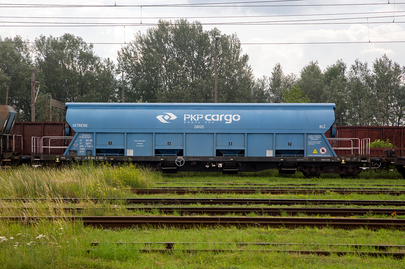 Aus einem Zug heraus, der vierachsiger Drehgestell-Schüttgutwagen mit Schwenkdach und dosierbarer Schwerkraftentladung für Getreide, der Gattung Tadds 2151, 31 51 0822 920-6 PL-PKPC der PKP CARGO S.A. (Warszawa / Warschau), abgestellt am 25 Juni 2017 im polnischen Gniezno (Gnesen).

TECHNISCHE DATEN:
Spurweite: 1.435 mm
Länge über Puffer : 19.900 mm
Drehzapfenabstand: 14.860 mm
Achsabstand im Drehgestell: 1.800 mm
Eigengewicht: 30.200 kg
Höchstgeschwindigkeit:  100  km/h (beladen) / 120 km/h (leer)
Maximales Ladegewicht: 49,8 t (ab Streckenklasse C oder höher)
Kleinster bef. Gleisbogenradius: 75 m
Bremse: O-GP
Intern. Verwendungsfähigkeit: RIV MC
