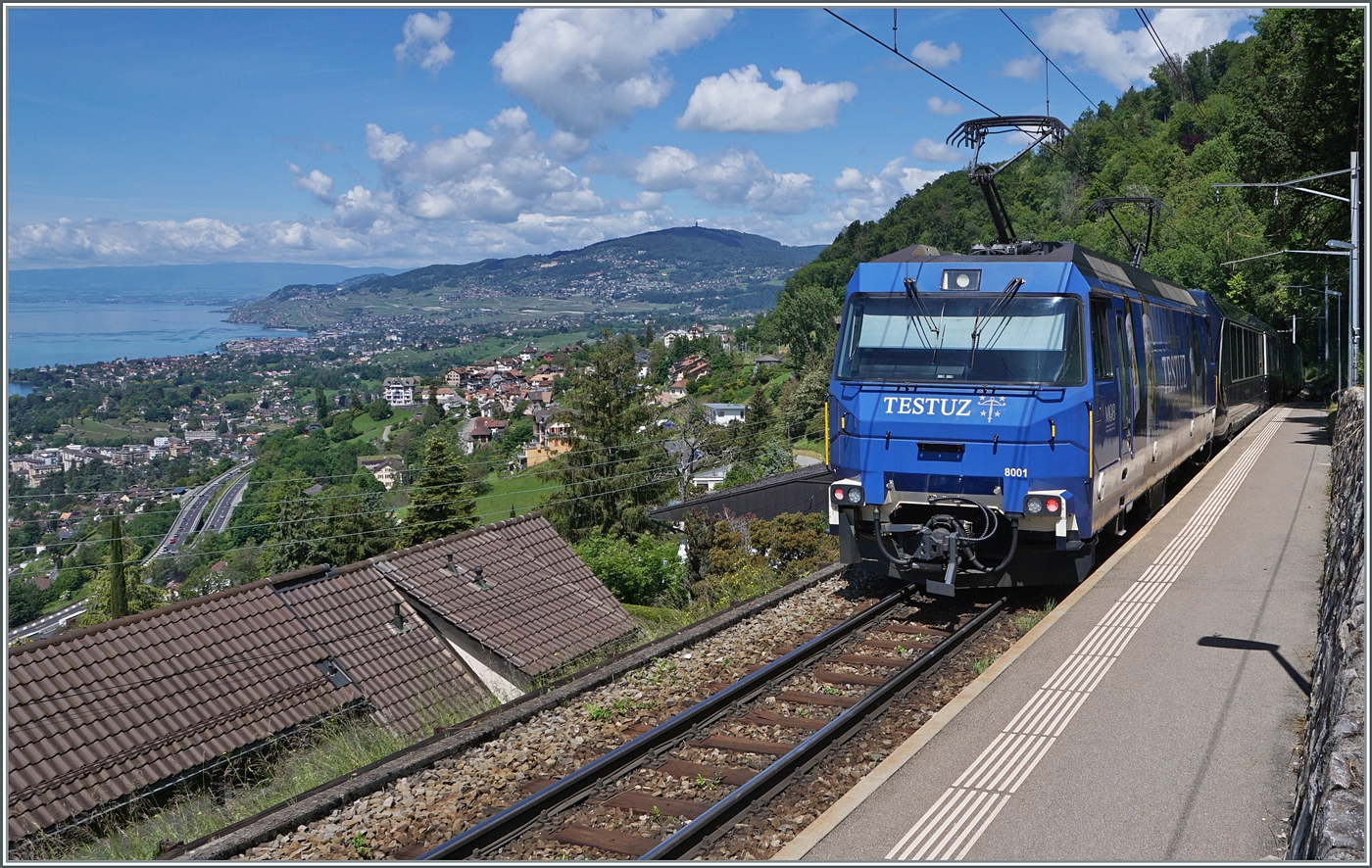 Bei Sonzier ist die MOB Ge 4/4 8001 mit ihrem GoldenPass Express GPX 4065 von Interlaken Ot nach Montreux unterwegs.

28. Maio 2024