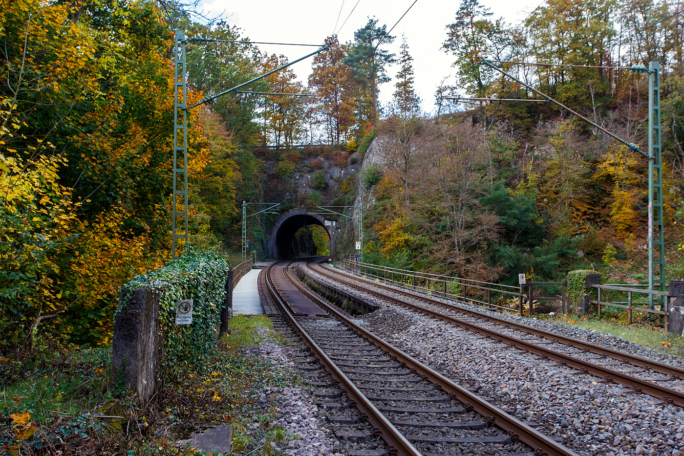 Blick und Durchblick auf/durch den 32 m lange Mühlburg-Tunnel bei km 74,4 der Siegstrecke (KBS 460) in Scheuerfeld/Sieg am 18 Oktober 2025. Davor die Brücke über die Sieg, bei der alten Papierfabrik ganz rechts, hier ist auch ein Siegwehr mit Wasserkraftwerk. Da die Sieg hier auch eine Schleife macht ist kurz hinter dem Tunnel wieder eine Brücke über die Sieg.

Die Siegstrecke ist eine rund 100 Kilometer lange, überwiegend zweigleisige, elektrifizierte Hauptbahn von Köln nach Siegen in Deutschland. Zwischen Blankenberg und Merten sowie zwischen Schladern und Rosbach wurde sie nach dem Zweiten Weltkrieg nur eingleisig wiederaufgebaut. Beide Endbahnhöfe liegen im Bundesland Nordrhein-Westfalen, rund 28 Kilometer verlaufen in Rheinland-Pfalz. Die Strecke führt ab dem Bahnhof Köln Messe/Deutz über Porz (Rhein), Troisdorf, Siegburg, Hennef (Sieg), Au (Sieg) und Betzdorf (Sieg) nach Siegen Hbf. Die Siegstrecke wurde ursprünglich als Teil der Deutz-Gießener Eisenbahn errichtet und ging nicht über Siegen, sondern verlief von Betzdorf (Sieg) weiter über Herdorf, Haiger und Dillenburg bis Gießen. 