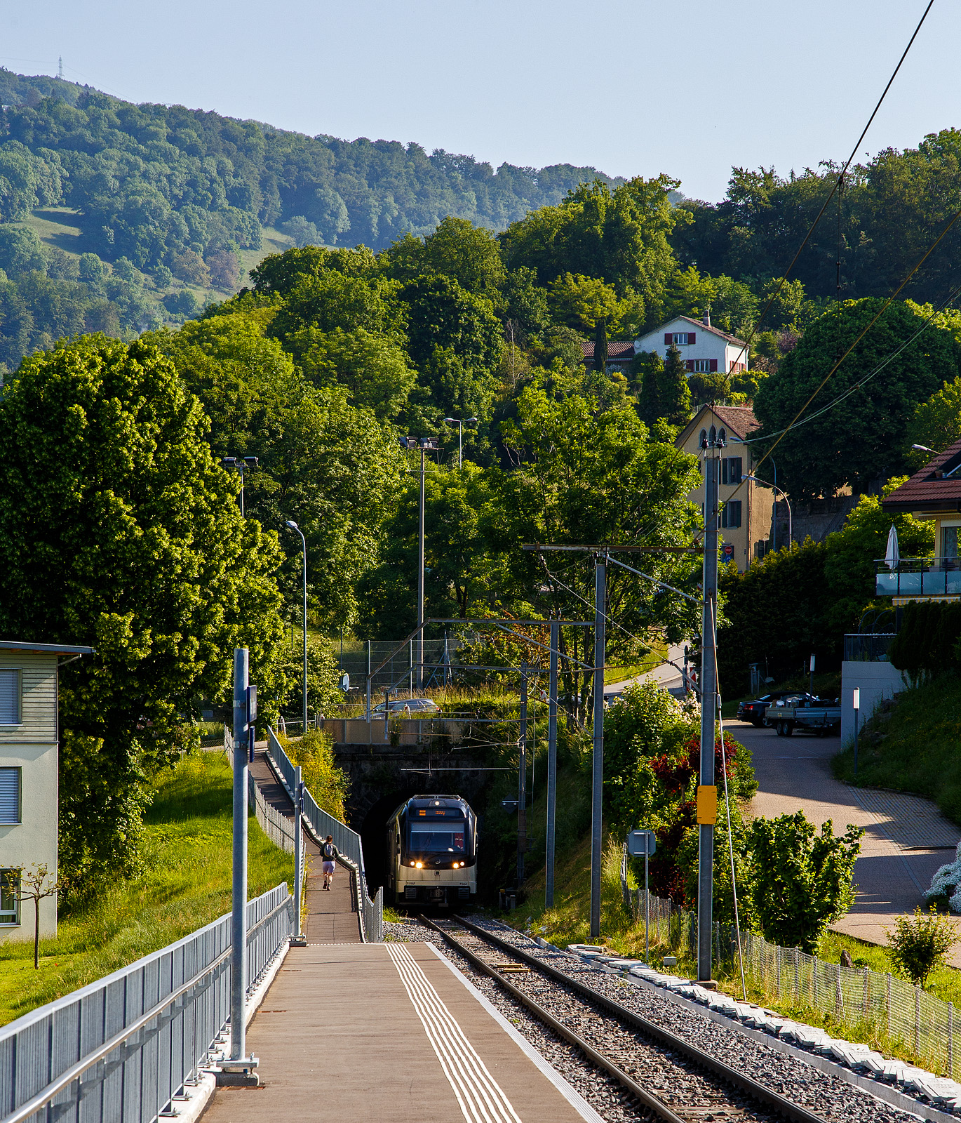 Der MVR (ex CEV) SURF ABeh 2/6 7504  Vevey , als Regionalzug von Vevey nach Blonay, kommt am 27.05.2023 aus dem Tunnel Gilamont und erreicht nun die neue Bedarfshaltestelle Vevey Vignerons. Da wir die Haltewusch-Taste in Richtung Blonay gedrückt haben wird er auch hier halten.

SURF steht für Série Unifiée Romande pour Réseau Ferré métrique (Einheitliche Serie für das Westschweizer Meterspurige Schienennetz). Diese ab 2015 gebaute meterspurige Triebzüge mit gemischtem Adhäsions- und Zahnradbetrieb gehören zu den Stadler GTW der 4. Generation.
