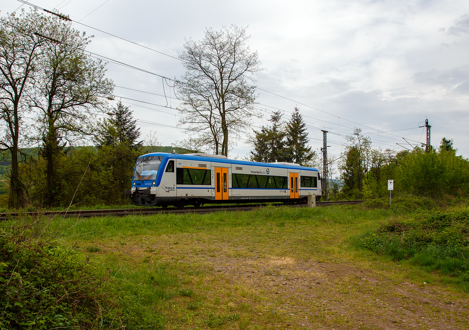 Der Stadler RegioShuttle RS 1 – VEN 650 131  Lilly  (95 80 0650 131-5 D-VEN) der Rhenus Veniro, als RB 85  Moselweinbahn  (Traben-Trarbach - Bullay), hat am 29.04.2018 beim Abzweig P�nderich gerade die 10,4 km langen Moselweinbahn (KBS 691) verlassen und f�hrt nun auf der Moselstrecke (KBS 690). 

Der Regio-Shuttle RS1 wurde 2000 unter der Fabriknummer 36881 noch von ADtranz (ABB Daimler Benz Transportation) in Berlin-Pankow, sp�ter Berlin-Pankow, gebaut und als VT 1.01 an die eurobahn Verkehrsgesellschaft mbH & Co. KG (ab 2001 Rhenus Keolis und ab 2007 Rhenus Veniro) geliefert. Seit 2019 firmiert sie als Transdev Verkehr GmbH und wird als „Moselweinbahn“ vermarktet. 

Die Moselweinbahn verf�gt �ber zwei RegioShuttle RS1 Triebwagen, die beide 2014 durch den Hersteller Stadler Rail general�berholt wurden.

Die Fahrzeuge sind mit breiten Automatik-Schwenkschiebet�ren, Niederflureinstiegen, gro�en Mehrzweckbereichen mit Platz f�r Fahrr�der oder Kinderw�gen, bequemen Komfortsitzen und einer Klimaanlage ausgestattet. Auch in Puncto Fahrgastinformation haben die RegioShuttles einiges zu bieten. Vier Au�enzugziel-Anzeigen lassen nicht zu, dass man in der Eile in den falschen Zug einsteigt. Zus�tzlich garantieren GPS-gesteuerte Haltepunkt-Anzeigen im Innenraum den Ausstieg an der richtigen Stelle.

Die besondere Niederflurbauweise der Einstiegs- und Mehrzweckbereiche erlaubt einen bequemen, fast ebenerdigen Einstieg in das Fahrzeug. Die gro�z�gigen Mehrzweckbereich sind f�r Rollst�hle, Kinderwagen, Gep�ck oder Fahrr�der. Au�erdem sorgen beidseitig angebrachte, ausfahrbare Rampen daf�r, dass auch mobilit�tseingeschr�nkte Menschen barrierefrei und selbstst�ndig ein- und aussteigen k�nnen. Selbstverst�ndlich geh�rt zur komfortablen Ausstattung RegioShuttles auch ein behindertengerechtes WC. In Sachen Geschwindigkeit zeichnet sich die Baureihe durch Spurtst�rke und eine hohe Endgeschwindigkeit aus. Luftgefederte Drehgestelle sorgen dabei f�r optimale Laufruhe, auch bei schneller Fahrt, was das Reisen sehr angenehm macht.

Der Antrieb erfolgt �ber 2 St�ck Dieselmotore hydromechanisch �ber 2 Voith-Diwabus Getriebe �ber Gelenkwellen zu den Radsatzgetrieben

TECHNISCHE DATEN:
Spurweite: 1.435 mm (Normalspur)
Achsfolge: B'B'
L�nge �ber Puffer: 25.500 mm
L�nge Wagenkasten: 24.260 mm
Drehzapfenabstand: 17.100 mm
Achsabstand im Drehgestell: 1.800 mm
Triebraddurchmesser: 770 mm (neu) / 710 mm (abgenutzt)
Federung: 2 luftgefederte Triebdrehgestelle
Eigengewicht: 42 t
Motoren: 2 St�ck 6-Zylinder-Viertakt-Dieselmotor mit Direkteinspritzung vom Typ D 2866 LUH 21
Motorleistung: 2 x 257 KW (350 PS) bei 2.000 U/min = 517 kW (700 PS)
Motorhubraum: je 12 Liter (11.961 cm�)
Getriebe: 2 St�ck Voith-Diwabus Getriebe U 864
H�chstgeschwindigkeit: 120 km/h
Beschleunigung: 1,2 m/s�
Einstiegst�ren je Fahrzeugseite: 2 zweifl�gelige Automatik-Schwenkschiebet�ren
Einstiegbreite: je 1.300 mm
Einstiegshilfe je Fahrzeugseite: ein Rollstuhl-Hublift an T�r L1 und R1
Fu�bodenh�he (�ber SO) Einstiegsh�he/ Niederflurbereich: 600 mm
Fu�bodenh�he (�ber SO) Hochflurbereich: 1.000 mm
 
Fahrgastraum: klimatisiert
Sitzpl�tze: 71 Sitzpl�tze, davon 18 als Klappsitze
Stehpl�tze: 83 
WC: behindertengerecht
Vielfachsteuerung: max. 5 Fahrzeugen

Quellen: Stadler Rail, Transdev Verkehr GmbH und Anschriften
Stand/�berarbeitung: September 2025
