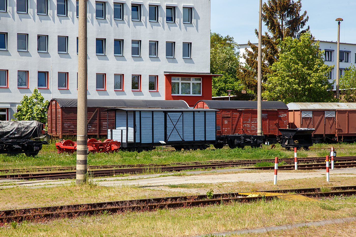 Der vierachsige (Drehgestell) schmalspurige (750 mm) gedeckte G�terwagen mit Bremserb�hne 81-Gw der ehemaligen Tessiner Schmalspurbahn GmbH hier am 16 Mai 2022 beim Mecklenburgisches Eisenbahn- und Technikmuseum  der MEF - Mecklenburgische Eisenbahnfreunde Schwerin e.V.,  dem einstigen Bahnbetriebswerk Schwerin am Hauptbahnhof. Rechts daneben noch ein Feldbahn-Kipplore.

Der Wagen wurde 1899 f�r die „Tessiner Schmalspurbahn GmbH“ bei der Maschinen- und Waggonfabrik „Horney & R�dler“ in Neustadt/Glewe gebaut. Er entstammt einer Serie von 10 gedeckten G�terwagen. Im Jahr 1921 wurde der Wagen zum Bahndienstwagen umgebaut. Als solcher war er bis zur Einstellung des Bahnbetriebes 1963 im Einsatz. Der Wagen wurde durch Mitglieder von Arbeitsgemeinschaften des „Deutschen Modelleisenbahn-Verbandes der DDR“ (DMV) 1978 erworben und geborgen werden. Ab 1983 wurde er als Clubwagen genutzt. Nach der Aufl�sung des DMV drohte dem Waggon die Zerlegung. Der Wagenkasten stand abgestellt in einem landwirtschaftlichen Betrieb in Sanitz und die Drehgestelle lagen bereits in der Schrottecke des Betriebes. Doch am 26. M�rz 2002 konnte der Verein „Mecklenburgische Eisenbahnfreunde Schwerin“ e.V. den Wagen �bernehmen und nach Schwerin holen.
Seit seiner Restaurierung 2002/03 wird der Wagen auf einem kurzen Gleisst�ck im Freigel�nde des ehemaligen Bw Schwerin pr�sentiert.

Die Schmalspurbahn Tessin betrieb auf ihrem Eisenbahnnetz um Tessin in Mecklenburg-Vorpommern ausschlie�lich G�terverkehr. 1895 gr�ndeten mehrere Rittergutsbesitzer und Gutsp�chter aus der Gegend um Tessin die Schmalspurbahn Tessin GmbH, die eine landwirtschaftliche und gewerblichen Zwecken dienenden Kleinbahn war. Die Gesellschaft erhielt f�r den Bau eine Genehmigung nach dem preu�ischen Kleinbahngesetz, das das Gro�herzogtum Mecklenburg-Schwerin f�r sein Staatsgebiet �bernommen hatte.

Die Schmalspurbahn mit 750 mm Spurweite wurde abschnittsweise 1896 er�ffnet und umfasste 48 km Schienennetz mit einer Reihe von Verzweigungen. Die offizielle Streckenabnahme fand am 12. Dezember 1896 statt, jedoch waren Teile des Netzes bereits vorher in Betrieb. Als Loks waren drei vierachsige dreifach gekuppelte Dampflokomotiven von Krauss & Comp. vorhanden, von denen in den 1950er Jahren nur noch eine im Einsatz war. 1930 wurde eine 1919 bei Arnold Jung hergestellte Dampflokomotive (Fabriknr. 2835) von de Bleckeder Kreisbahn gekauft, die bis 1960 in Betrieb war und dann als station�rer Dampfspender an die Molkerei in Gnoien abgegeben wurde. Ab 1960 kam eine Diesellokomotive des Typs LKM V 10 C zum Einsatz.

Am 18. Mai 1921 �bernahm die Zuckerfabrik Tessin GmbH die Bahn und betrieb sie als Abteilung Schmalspurbahn. Anfallende Arbeiten an den Fahrzeugen wurden auch in einer Werkstatt auf dem Gel�nde der Zuckerfabrik Tessin erledigt. Nach der Ernte 1963 wurde als letzte Strecke der Abschnitt Tessin–Walkendorf stillgelegt. Die Bahn war technisch verschlissen, da seit den 1930er Jahren keine Streckenerneuerung mehr durchgef�hrt worden war; die Fahrzeuge wurden w�hrend der gesamten Existenzzeit nicht ausgetauscht. Der Streckenr�ckbau erfolgte ab etwa 1970.

Zu den Transportg�tern geh�rten neben Zuckerr�ben auch D�ngemittel. Personenverkehr war anfangs erwogen worden, ist aber nie durchgef�hrt worden. Die Gesellschaft wollte aus finanziellen Gr�nden keinen Verkehr f�r �ffentliche Interessen �bernehmen. Der Wagenpark bestand (Bestand 1897)  vor allem aus 5 gedeckten und 70 offenen G�terwagen.Personenwagen waren nicht vorhanden. Als einziges Fahrzeug ist der gedeckte G�terwagen 81 erhalten geblieben und wird heute (hier) im Mecklenburgischen Eisenbahn- und Technikmuseum Schwerin ausgestellt.
