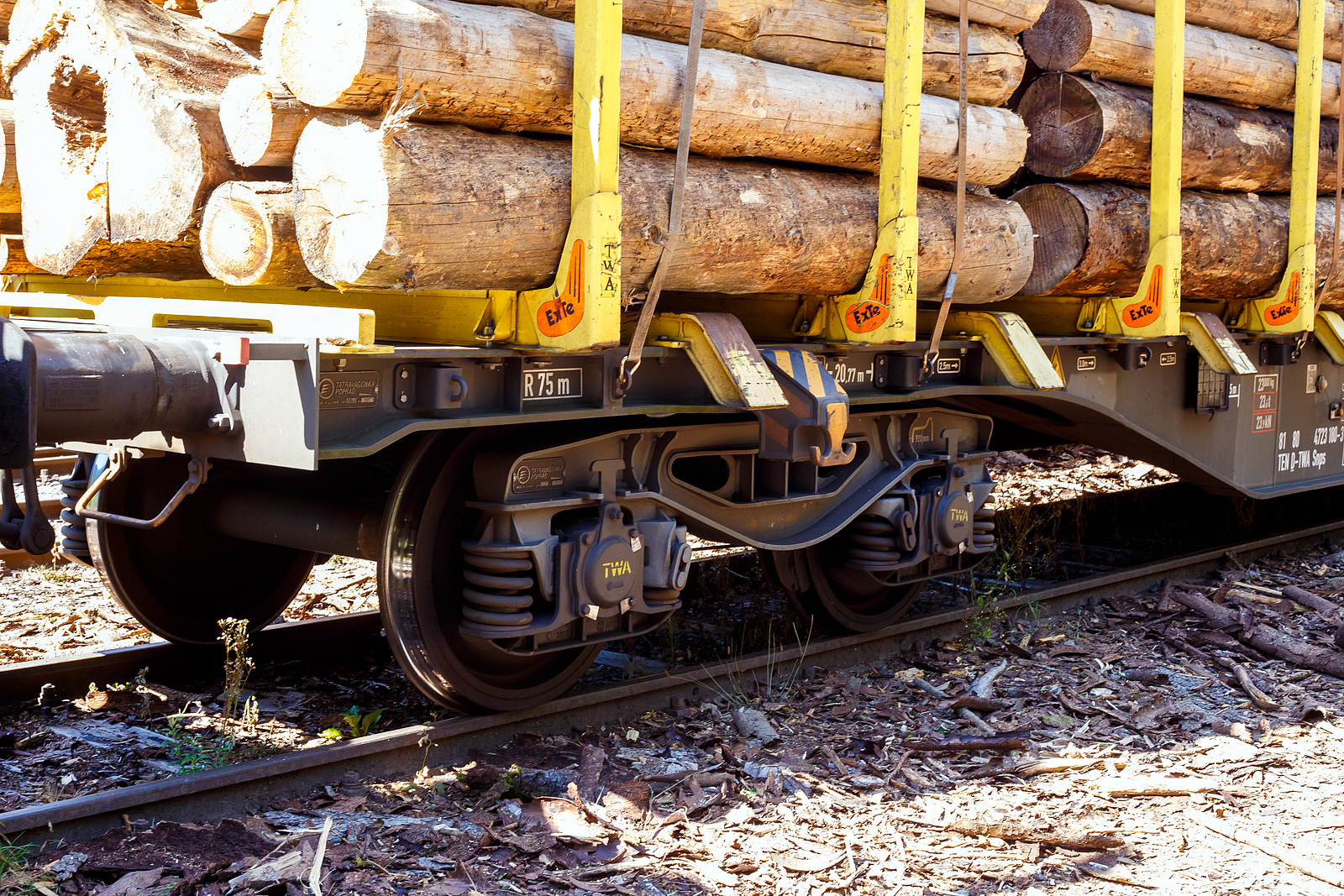 Detailbild eines zweiachsigen kopfst�cklosen G�terwagen-Drehgestells mit Radsatzlast 22,5 t der Bauart Y25Ls-K, hier von dem vierachsigen Drehgestell-Flachwagen (Holzwaggon) mit Niederbindeeinrichtung (Ladungssicherungssystem „Autonordic“) und Rungensystem ExTe (SR8), 81 80 4723 180-3 D-TWA, der Gattung Snps (TWA Bezeichnung SNPZ), der TRANSWAGGON GmbH (Hamburg) abgestellt am 07 September 2024 in Siegen-Eintracht auf der Gleisanlage der KSW - Kreisbahn Siegen-Wittgenstein (Eisern-Siegener Eisenbahn NE 437).

Das Drehgestell wurde 2016 von Tatravagonka Poprad (Slowakei) unter der unter Fabriknummer 108337 gebaut.

TECHNISCHE DATEN des Drehgestells:
Spurweite: 1.435 mm (Normalspur)
Gewicht: 4.100 kg
Achsabstand: 1.800 mm
Laufraddurchmesser: 920 mm (neu) / 840 mm (abgenutzt)
H�he der Drehpfannenmitte �ber S.O. beim Wagengewicht 20 t: 925 mm +3/-5
Gr��e des Querspiele zwischen dem Achshalter und Achslager; 2x 10 mm
Max. Achslast: 22,5 t
F�r Wagen (bremstechnisch) bis Geschwindigkeit max. Achslast 22,5 t: 100 km/h
F�r Wagen (lauftechnisch) bis Geschwindigkeit max. Achslast 22,5 t: 120 km/h
Spezifische Drehgestellfederung bei Radsatzlast �ber 6,63 t: 0,93 mm/t
�bersetzung des Bremshebelgest�nges des Drehgestells: 4
Kugeldrehpfanne mit Einlage: Ja
Abgefederte Gleitst�cke: Ja
Bremstyp: mechanisch 
Rollenachslager: WJ/WJP 130 x 240

Quelle: Tatravagonka Poprad
