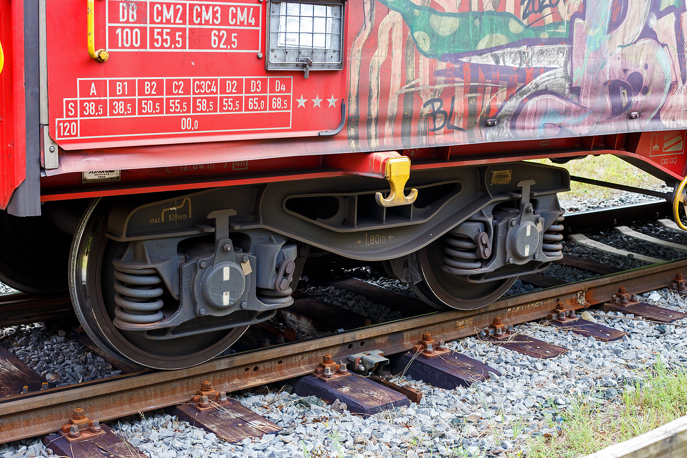 Detailbild eines zweiachsigen kopfstücklosen Güterwagen-Drehgestells mit 22,5 t Radsatzlast der Bauart Astra Y 25Lsd-KP1, hier von dem vierachsigen Drehgestell-Flachwagen 31 80 4677 626-2 D-DB. der Gattung Shimmns-ttu 728, der DB Cargo AG, am 12 September 2024 im Zugverband, auf dem KSW Rbf in Herdorf (Betriebsstätte Freien Grunder Eisenbahn - NE 447).

Das Drehgestell wurde 2019 vom rumänischen Güterwagenhersteller Astra Rail Industries (ARI, heute zu The Greenbrier Companies) in Arad unter der Fabriknummer 512 SH gebaut.

TECHNISCHE DATEN des Drehgestells:
Spurweite: 1.435 mm (Normalspur)
Gewicht: ca. 4.100 kg
Achsabstand: 1.800 mm
Laufraddurchmesser: 920 mm (neu) / 840 mm (abgenutzt)
Höhe der Drehpfannenmitte über S.O. beim Wagengewicht 20 t: 925 mm +3/-5
Max. Achslast: 22,5 t
Für Wagen (bremstechnisch) bis Geschwindigkeit max. Achslast 22,5 t: 100 km/h
Für Wagen (lauftechnisch) bis Geschwindigkeit max. Achslast 22,5 t: 120 km/h
Bremstyp: mechanisch 
Bremsschuh: K
Bremsschuhhalter: Bgu
