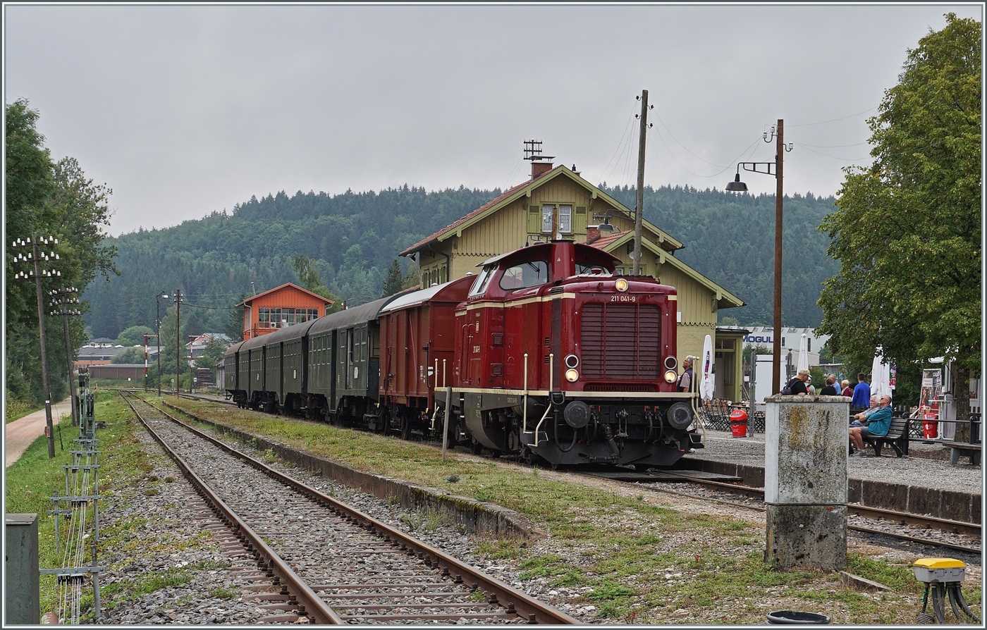 Die Diesellok 211 041-9 (92 80 1211 041-9 D-NeSA) mit einem stimmigen Zug aus Umbauwagen wartet als  Morgenzug  im Bahnhof Zollhaus Blumberg auf die Abfahrt. Die Aufnahme entstand beim offenen Bahn�bergang.

27. August 2022