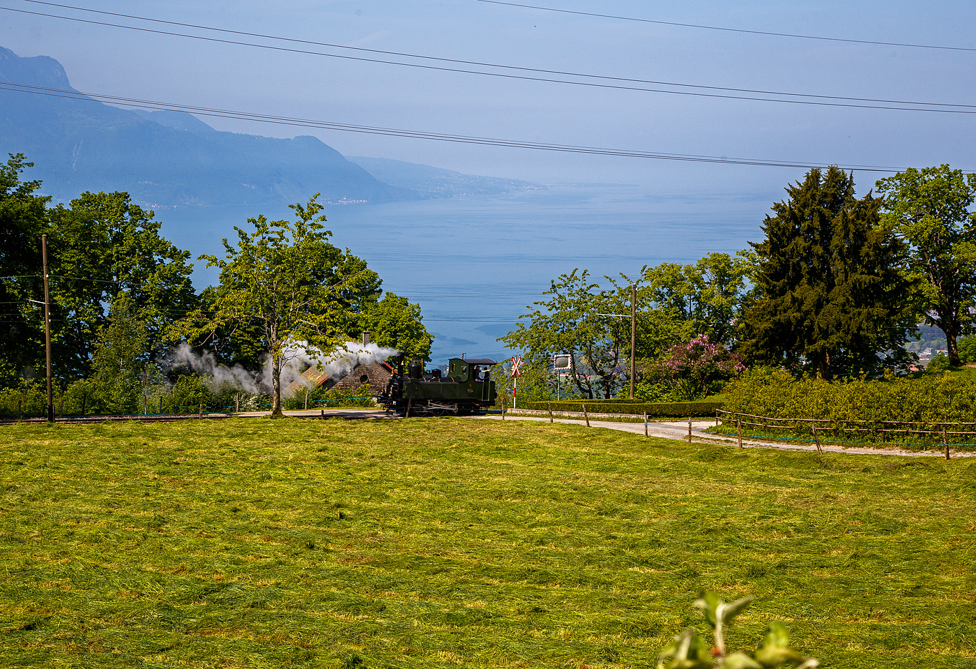 Die haben mich vergessen, da muss ich noch schnell hinterher....
Pfingsten 2023 (Samstag 27 bis 29 Mai 2023) fand bei der Museumsbahn Blonay–Chamby das Schweizer Dampffestival 2023 / Festival suisse de la Vapeur 2023 statt, das Highlight am Samstag war die Dreifach-Dampflok-Traktion. Darunter war auch die kleine G 3/3 LEB N° 5  Bercher , die hier am 27.05.2023 von Chaulin alleine nach Blonay hinab fährt.
