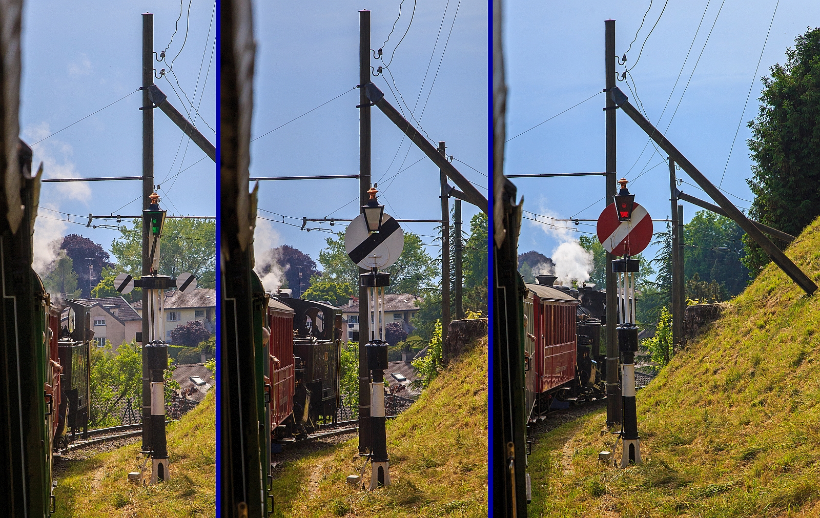 Die Hippsche Wendescheibe der Museumsbahn Blonay–Chamby als Einfahrtsignal zum Bahnhof Blonay, wir sind hier am 27.05.2023 mit der G 3/3 LEB N° 5  Bercher  unterwegs und erreichen bald den Bahnhof Blonay.

Auch wenn ich hier die Drehung in drei Bildern fotografiert habe, so hat die Hippsche Wendescheibe nur zwei signalisierende Stellungen „Fahrt frei“ (linkes Bild) zu „Halt“ (rechtes Bild), das mittlere Bild zeigt eigentlich die Rückseite (in Grundstellung Halt). Zum Wechsel von der einen in die andere Signallage drehte sich die Scheibe einmal um 90°, das andere Mal um 270° in gleicher Richtung. Die Zusatzscheibchen sollen nicht nur das Erkennen des offenen Signales erleichtert haben, sondern auch die Drehung der großen Scheibe, selbst bei Sturm.

Die Hippsche Wendescheibe, ist ein historisches Eisenbahnsignal. Das automatische und visuelle Signal diente als Vor- und Hauptsignal. Dieser Signaltyp wurde vom dem in Blaubeuren (Württemberg) geboren Erfinder und Uhrmacher Matthäus Hipp entwickelt und erstmals 1862 in Winterthur angewendet. Das Signal ist nach ihm benannt und war lange vor den Flügelsignalen in Gebrauch.

Die hippsche Wendescheibe ist auf einer hohlen Gusssäule montiert. Diese trägt eine zirka 1 m große Blechscheibe. Die Vorderseite („Halt“) ist rot mit weißem Diagonalbalken, die Rückseite ist weiß mit schwarzem Diagonalbalken. Unterhalb der großen Scheibe und im rechten Winkel dazu angeordnet sind zwei kleine weiße Scheiben oder Flügel montiert. Sie sind beidseitig weiss mit je einem schwarzen Diagonalstrich. Die Scheibe ist drehbar und zeigt dem heranfahrenden Zug entweder die rote Tafel, welche „Halt“ signalisiert, oder die beiden weißen Flügel, die „Fahrt frei“ erlauben. Die kleinen Flügel-Scheiben dienen in erster Linie dem Ausgleich der Windkräfte, was die nötige Stellkraft reduziert. Die kleinen Flügel haben daneben den Vorzug, ein positives Fahrsignal zu zeigen. Die Signale wurden früher in Fahrtrichtung rechts des Gleises angeordnet. Ab 1930 aufgestellte Signale stehen links.

Der Antrieb funktioniert über ein Gewicht im Signalmast, welches nach ca. 200 Scheibenumdrehungen wieder aufgezogen werden muss. Das Signal wird mit Strom aus einer Batterie elektromagnetisch ausgelöst (elektrischer Schwachstromimpuls) und arbeitet bei Sturm und im Winter zuverlässiger als Wendescheiben, die mit Drahtzügen bedient werden. Der Stromimpuls löst die Drehung der Scheibe immer im Uhrzeigersinn aus. Bemerkenswert ist auch, dass die hippschen Wendescheiben von Anfang an mit einer elektrischen Rückmeldung der Signalstellung zur auslösenden Station ausgestattet waren.
