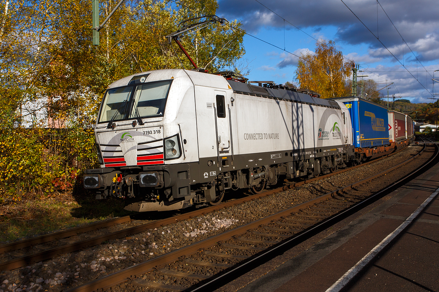 Die recht neue weiße TXL 7193 309 „Connected to Nature“ (91 80 7193 318-1 D-TXL) der TXL - TX Logistik AG (Troisdorf) fährt am 30 Oktober 2025 mit einem KLV-Zug durch Scheuerfeld/Sieg in Richtung Köln. Als Schlussläufer war am Zugschluss zudem die kalte, an die HSL Logistik GmbH vermietete, AKIEM 186 383-6.

Nochmals einen lieben Gruß an den netten Lokführer zurück.

Die SIEMENS Vectron MS (X4E) wurde 2024 von Siemens Mobility in München-Allach unter der Fabriknummer 24282 gebaut und am 24.01.2025 an die TXL ausgeliefert. Die mit 6.400 kW konzipierte Mehrsystemlok ist in der Variante A22-11i ausgeführt und hat so die und hat so die Zulassungen und entspr. Länderpakete für Deutschland, Österreich, Schweiz, Italien und die Niederlande (D / A / CH / I / NL).

Über TX Logistik AG
TX Logistik wurde 1999 als privates Eisenbahnverkehrsunternehmen gegründet und bietet mit Verbindungen in elf Ländern ein leistungsfähiges europäisches Netzwerk. Das Unternehmen verfügt über Tochtergesellschaften in der Schweiz, Österreich, Dänemark und Schweden sowie eine lokale Präsenz in Italien. In den Geschäftsbereichen Intermodal und Rail Freight entwickelt TX Logistik umfassende Schienenlösungen für kontinentale und maritime Verkehre sowie maßgeschneiderte Konzepte für konventionelle Fracht. Mit 650 Mitarbeitern und 8,6 Milliarden gefahrenen Tonnenkilometern erwirtschaftete das Unternehmen 2021 einen Jahresumsatz von 253 Millionen Euro. Seit Januar 2017 gehört TX Logistik zu 100 Prozent der Mercitalia Logistics S.p.A., einer Tochtergesellschaft der FS - Ferrovie dello Stato Italiane. Mittlerweile gehört das Unternehmen mit zu den Größten für den Schienengüterverkehr in Europa.

Das Unternehmen bietet den ganzen Umfang an Schienengüterverkehr, inklusive Containertransport und kombiniertem Verkehr an. Wichtigste Transportstrecken sind von den Häfen Hamburg, Bremerhaven, Rotterdam und Antwerpen nach Süddeutschland, Schweiz, Österreich und Italien.

TX Logistik setzt nun auf eigene Vectron Loks:
Anfang Oktober 2024 hat die TX Logistik AG ersten drei von 40 modernen Vectron-Lokomotiven des Herstellers Siemens Mobility aufs Gleis gesetzt, die das zur Mercitalia Logistics (FS Italiane Group) gehörende Schienenlogistikunternehmen im Mai 2023 bestellt hatte. Die Erweiterung der Fahrzeugflotte ist für TX Logistik eine wichtige Voraussetzung, um im intermodalen und grenzüberschreitenden Schienengüterverkehr weiter zu wachsen. Die neuen Lokomotiven werden vor allem auf dem Brenner- und dem Schweiz-Korridor eingesetzt, den strategisch wichtigen Nord-Süd-Achsen in Europa.

Beide Korridore sind stark frequentiert und stellen hohe Anforderungen an die eingesetzten Lokomotiven – von der Zugkraft über die Stabilität bis hin zur grenzüberschreitenden Systemkompatibilität. TX Logistik hat dazu die Maschinen mit verschiedenen Länderpaketen bestellt. 20 Vectron erhalten das Länderpaket für den Betrieb in Deutschland, Österreich, Schweiz, Italien und den Niederlanden (D-A-CH-I-NL) und sollen bis Anfang 2025 übergeben werden. Die Auslieferung der 20 Lokomotiven mit der Ausstattung für den deutsch-österreichisch-italienischen Korridor (D-A-I) soll bis zum Jahresende 2025 erfolgen.

Die Entscheidung für den Kauf der Vectron-Lokomotiven unterstreicht zugleich das Bestreben von TX Logistik, Schienengüterverkehre als umweltfreundliche und effiziente Alternative zum Straßentransport weiter voranzutreiben. Um dies zu unterstreichen und gleichzeitig für den Einstieg in den intermodalen Transport zu werben, hat die erste der drei Vectrons, die im Zughotel in Braunschweig übergeben wurden, eine spezielle Lok-Beklebung mit dem Schriftzug „Start now (Nature). Driven by Green Passion“ erhalten.

Die neuen Loks bieten mit ihrer Flexibilität und Leistungsfähigkeit ideale technische Voraussetzungen, um den steigenden Anforderungen des europäischen Güterverkehrs gerecht zu werden. Mit der modernen Vectron-Flotte, so TX Logistik, sei man mittelfristig nun in der Lage, die Kapazitäten auf dem Brenner- und dem Schweiz-Korridor deutlich zu erhöhen sowie die Effizienz und Zuverlässigkeit im Schienengüterverkehr weiter zu verbessern.
