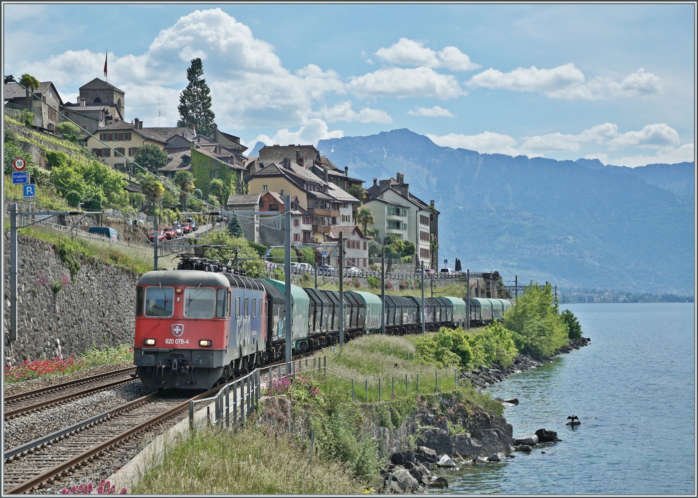 Die SBB Re 6/6 11679 (Re 620 079-4)  Cadenazzo  ist mit dem Novelis Güterzug bei St-Saphorin auf dem Weg von Sierre nach Göttingen. 

19. Mai 2025