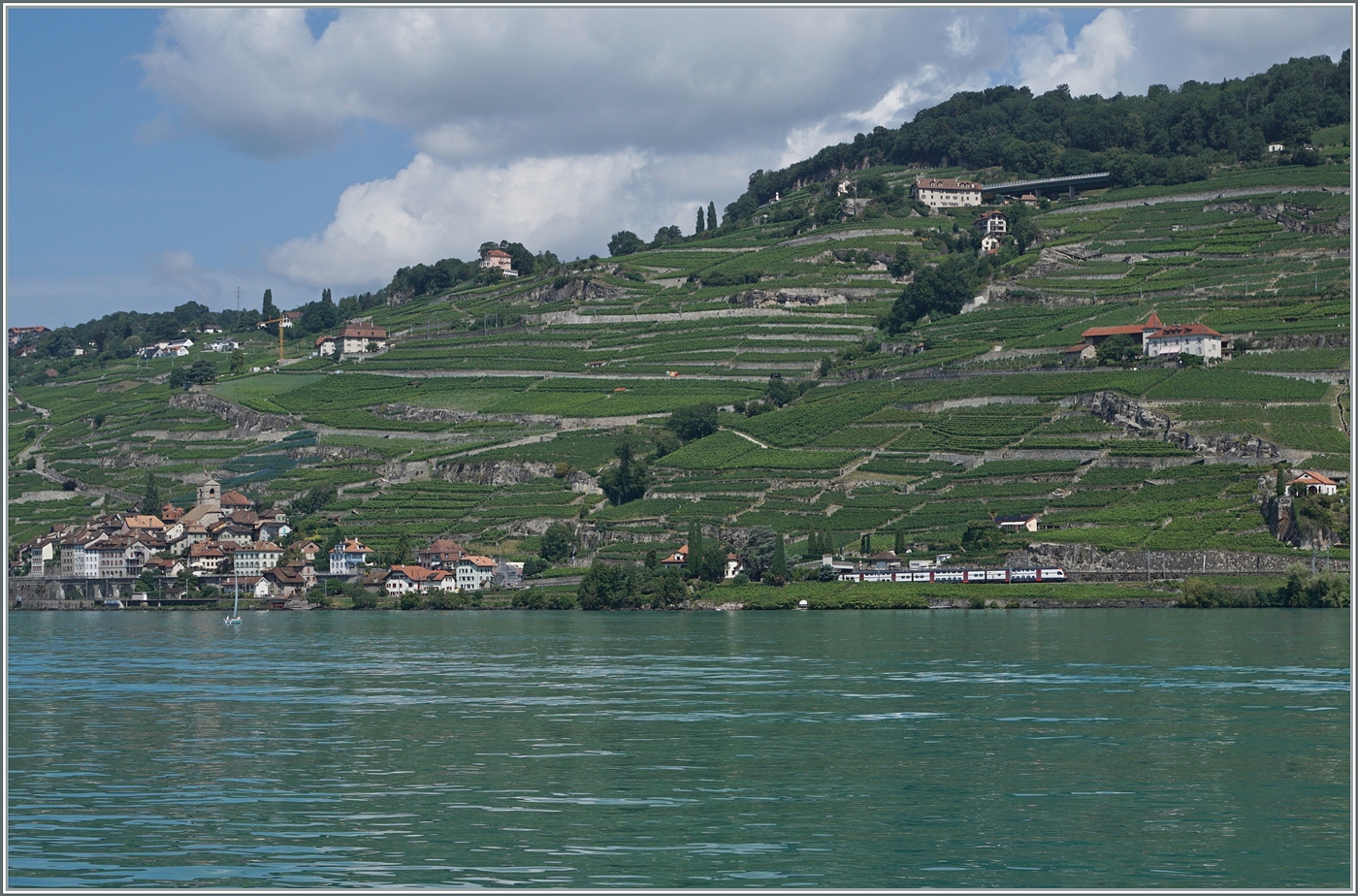 Ein SBB RABe 511 ist kurz nach St-Saphorin auf dem Weg in Richtung Vevey. Das Bild entstand an Bord des GCN Schaufelraddampfschiff LA SUISSE.

2. August 2024