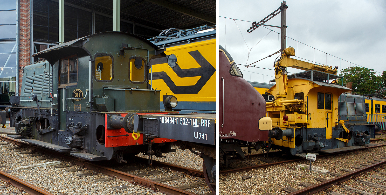 Ein Vergleichsbild einer Sik und einer Kraansik, links die Sik NS 311 und rechts die Kraansik NS 362 K. Beide dieselelektrische Rangierlokomotiven am 24 Juni 2025 im Het Spoorwegmuseum (bis 2005 NSM - Nederlands Spoorwegmuseum / Niederl�ndischen Eisenbahnmuseum) in Utrecht im ehemaligen Bahnhof Maliebaan.

Deutlich sieht man wie gro� der Batteriekasten ist bzw. und wie klein er nach dem Umbau ist. Auch das Sichtfeld aus dem F�hrerstand bei einer R�ckw�rtsfahrt ist bei einer Kraansik sehr eingeschr�nkt
