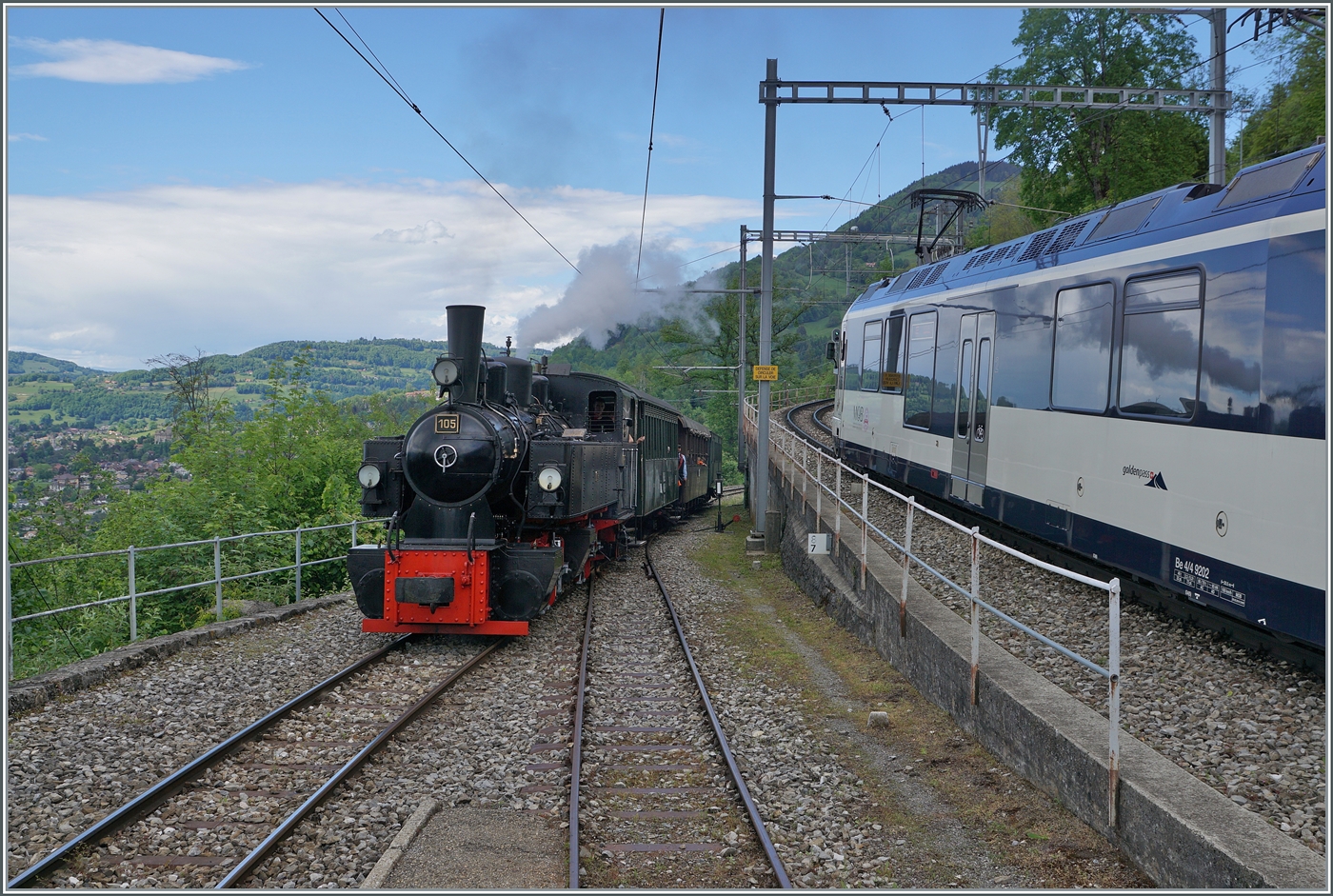 Festival Suisse de la vapeur 2024 / Schweizer Dampffestival 2024 der Blonay-Chamby Bahn - Die SEG G 2x 2/2 105 der Blonay Chamby Bahn erreicht Chamby, gerade als der MOB Be 4/4 9202 den Bahnhof verlässt.

19. Mai 2024 

 