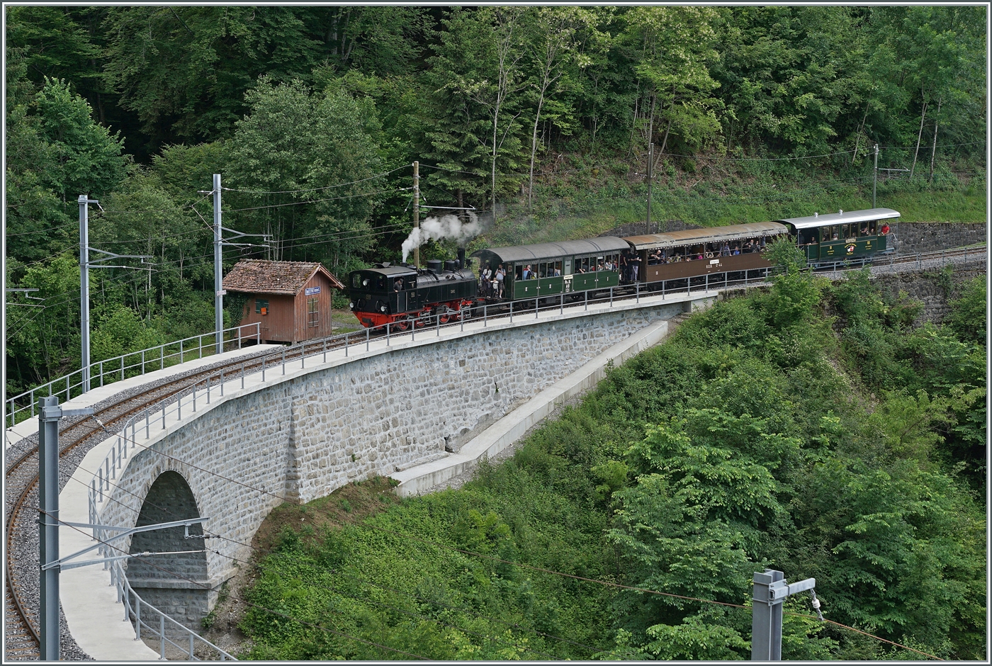 Festival Suisse de la vapeur (Schweizer Dampffestival 2025) - In der Gegenrichtung ist die SEG G 2x 2/2 105 mit einen Dampfzug auf der Fahrt nach Blonay bei Vers chez Robert unterwegs. Durch die bei der Sanierung des Baye de Clarens Viaduktes wurde in diesem Bereich kräftig gerodet, so dass bis zur Aufforstung Bilder von dieser Stelle möglich sein werden. 

8. Juni 2025