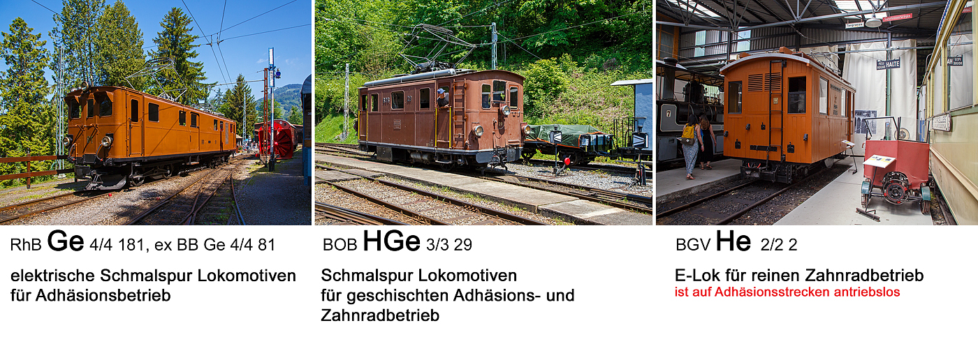 Hier mal ein Vergleich von Schweizer E-Lok (alle am 27.05.2022 im Museumareal der Museumsbahn Blonay–Chamby in Chaulin.
Serienbezeichnungen von Lok:
G = Schmalspur Lokomotiven für Adhäsionsbetrieb
H = Zahnradlokomotiven

Traktionsart:
a = Akkumulator
e = elektrisch
f = Funkfernsteuerung  (inoffizielle Erweiterung)
h = Zahnradantrieb (bei Triebwagen und Traktoren)
m = thermisch (Diesel, Gasturbine)
(fehlend) = Dampf

So gibt es z.B. die: 
He  = elektrische reine Zahnradlokomotiven (egal ob Normalspur oder Schmalspur);
Ge = elektrische Schmalspur Lokomotiven für reinen Adhäsionsbetrieb;
oder
HGe = elektrische Schmalspur Lokomotiven für gemischten Adhäsions- und Zahnradbetrieb.
