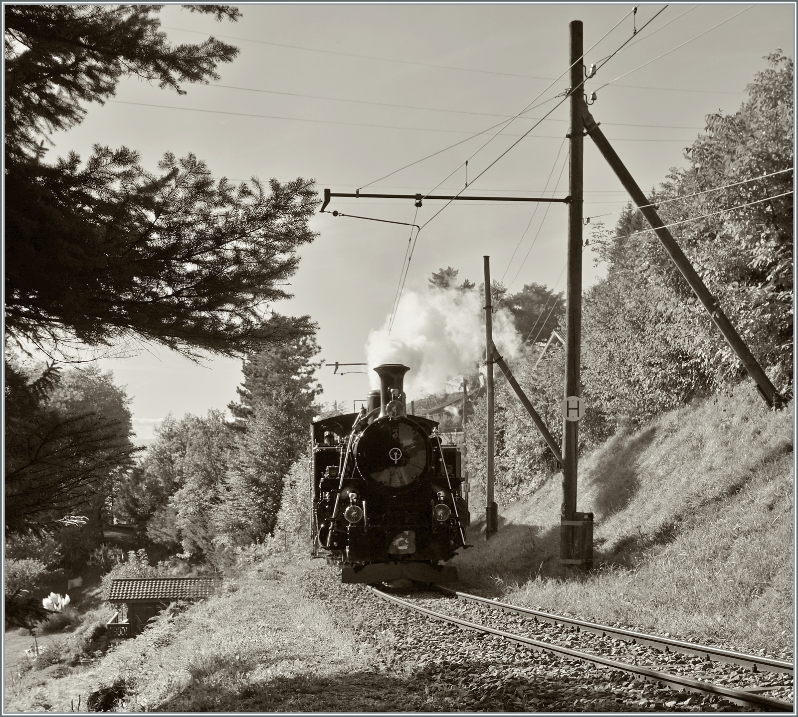 Il était une fois... les années 40 / Es war einmal: die 40er Jahre  - Und dampfte es natürlich noch (fast) überall. Doch die Beschaffung der Kohle war ein Problem und so wurden auch Nebenstrecken mit Alluminumfahrleitugsfahrt überspannt. Auch die FO-Strecke wurde aus diesen Überlegungen elektrifiziert, und die HG 3/4 zum grossen Teil entbehrlich. 
Im auf  alt  getrimmte Gegenlicht Bild ist die HG 3/4 N° der B-C kurz nach Blonay auf der Fahrt nach Chaulin zu sehen; und dies nachdem bis kurz vor dem Wochenende aus Gründen der Brandgefahr noch  Dampflokverbot  geherrscht hatte. 

11. Sept. 2022