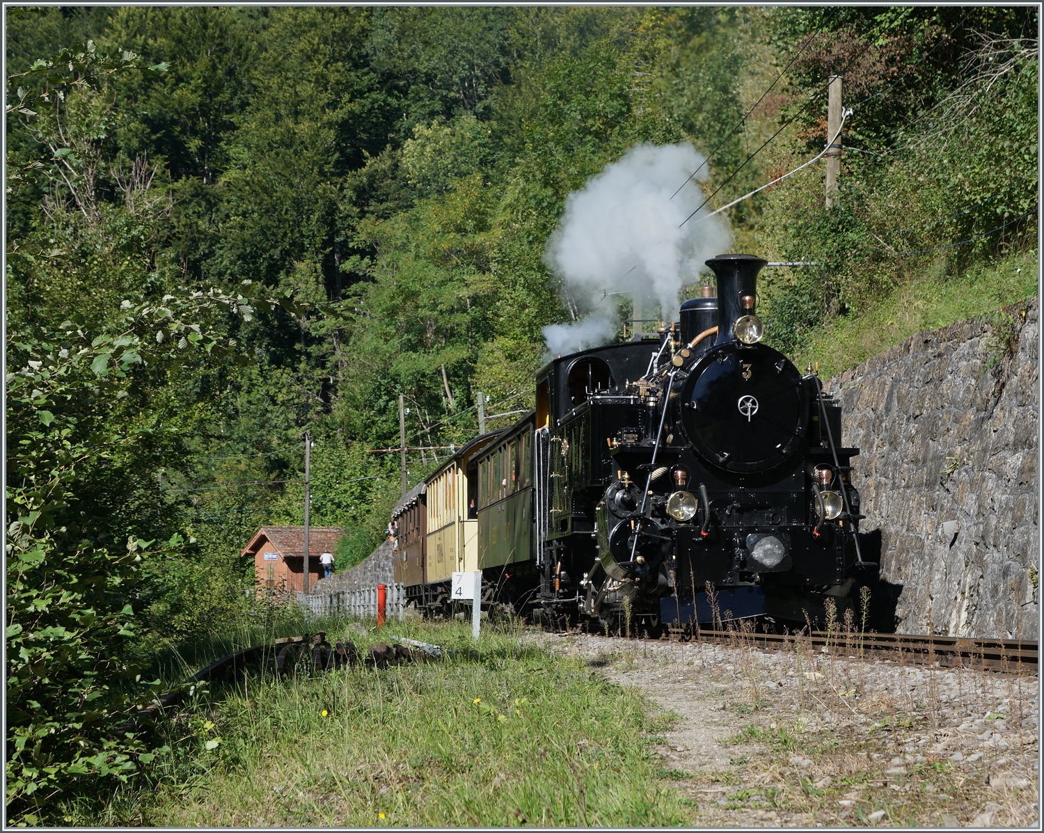  Il était une fois... les années 40 / Es war einmal: die 40er Jahre  - und damals dampfte es trotz vieler elektrifizierter Strecken noch Land auf Land ab, sofern die dafür benötigte Kohle verfügbar war. 

Die BFD HG 3/4 N° 3 der Blonay-Chamby Bahn dampft kurz nach Vers Chez Robert die Steigung nach Chaulin hinauf. 

11. Sept. 2022