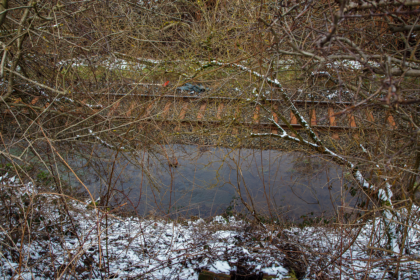 Schlimmer geht immer.....
Totalsperrung der Hellertalbahn (KBS 462 / Strecke 2651)
Nun ist Herdorf Bahntechnisch zur Insel geworden. 
Es gibt seit dem 10.03.23 eine Gleisuntersp�lung auf der Strecke 2651 bei km 91,0, so ist vorerst auch kein G�terverkehr von Haiger nach Herdorf m�glich. Da die Strecke Betzdorf – Herdorf, bereits wegen dem Felsstutz  am 23.12.2022, seitdem gesperrt ist Herdorf nun Bahntechnisch ganz abgeschnitten. 

Hier sieht man wie viel Wasser auf dieser Seite vom Gleis flie�t (was man leider auf einem Foto nicht so sehen kann). Das Wasser suchte sich aber seinen Weg unter dem Gleis hindurch auf die andere Seite. Optisch konnte ich aber keinen gro�en Schaden am Gleisbett selbst sehen, aber wenn so viel Wasser hindurch gelaufen ist wird es wohl weich sein. An dieser Stelle konnte ich sp�ter sehen, dass die Arbeiter einen Deckel von einem Sammler �ffnen konnten. Dabei standen die M�nner mit Wathosen fast bist Brusth�he im Wasser. Danach wurde aber das Wasser weniger bzw. floss ab.