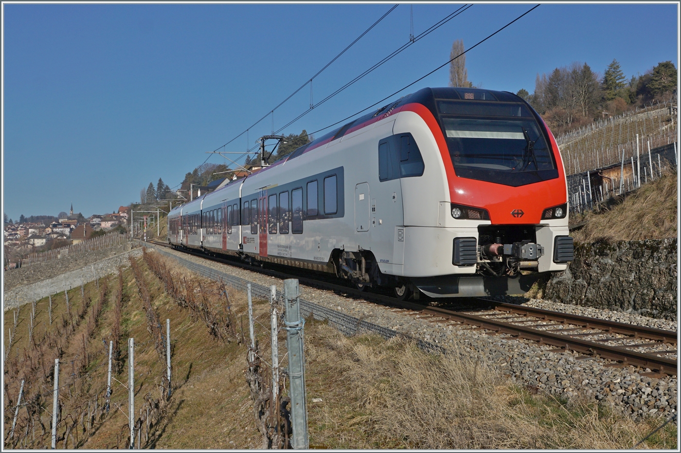 Und hier nun praktisch Bildfüllend: Der  Fernverkehr  SBB Flirt3 RABe 523 503  Mouette  (RABe 94 85 0 523 503-6 CH-SBB) ist als S7 auf der Train de Vignes Strecke zwischen Puidoux und Vevey kurz nach Chexbres unterwegs.

11. Februar 2023