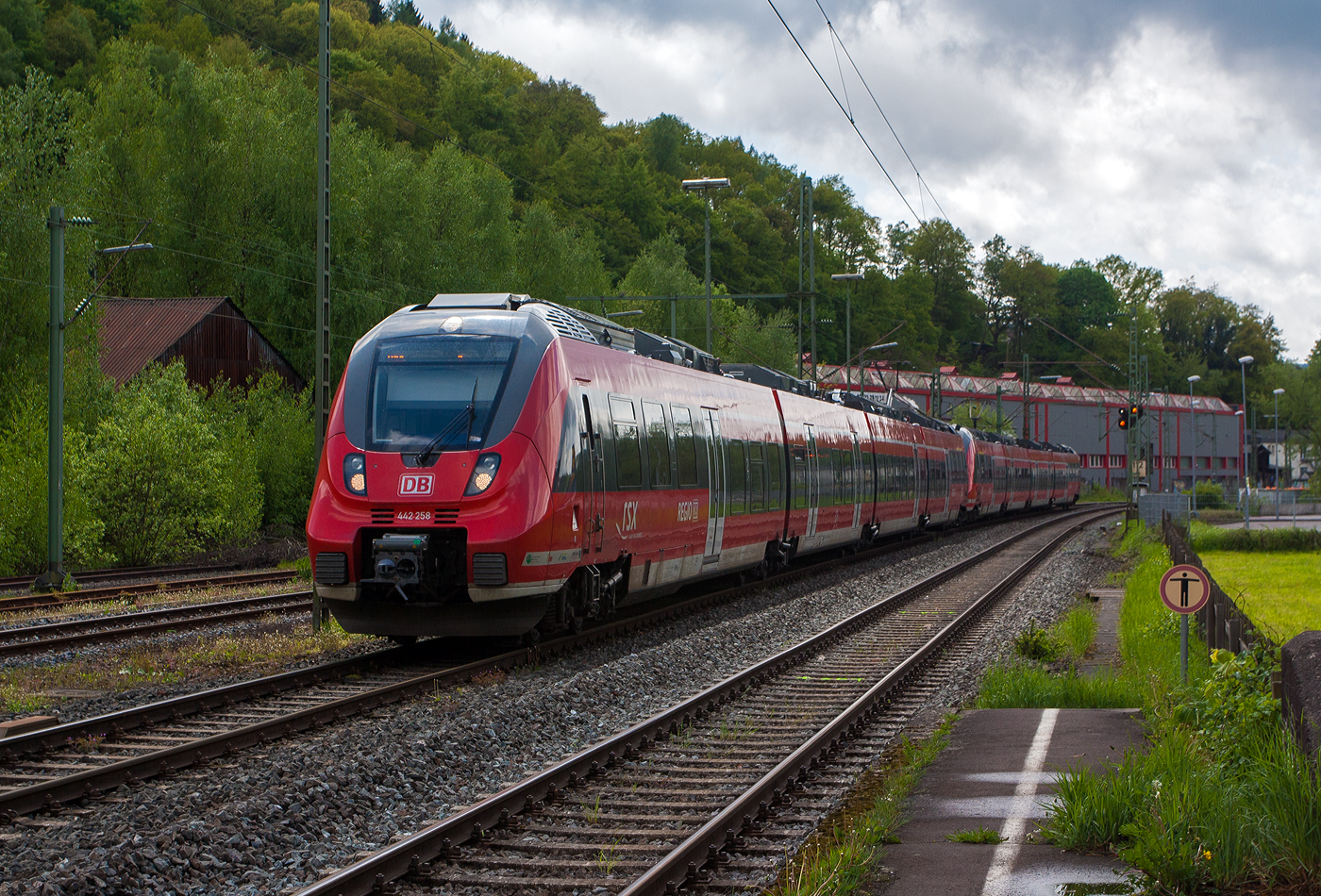 Zwei gekuppelte vierteilige Bombardier Talent 2 (442 258 / 442 758 und 442 755 / 442 255), rauschen am 12 Mai 2013, als RE 9 rsx - Rhein-Sieg-Express (Aachen - K�ln - Siegen), durch den Bahnhof Niederschelden in Richtung Siegen. 

Der Bahnhof wird bei der DB Niederschelden, ist aber geogarfisch nicht richtig, denn hier befinden wir uns noch in Niederschelderh�tte im Landkreis Altenkirchen/RLP, erst ein St�ck weiter auf der anderen Seite der Sieg ist Niederschelden im Kreis Siegen-Wittgenstein/NRW.
