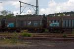 Drehgestellflachwagen f�r Coiltransporte mit vier Rads�tzen, verschiebbaren Teleskophauben und Lademulden (Shimmns) der SBB (CH), hier am 17.08.2011 in Scheuerfeld/Sieg.