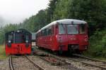 DB: Oldtimertreffen von ehemaligen DDR-Fahrzeugen bei der Obstfelderschmiede, wo die Schwarzatalbahn nach Rottenbach und die Oberweissenbacher Bergbahn zusammentreffen, am 14.8.2010.