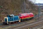   Die 225 094-2 der EBM Cargo, ex DB 215 094-4, hat wohl einen Lagerschaden, so wird sie am 04.04.2015 in Siegen von der  261 671-2 (eigentlich laut NVR-Nummer 98 80 3361 671-1 D-AVOLL) der Aggerbahn