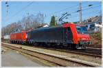   Die MRCE Dispolok 145 084-0 (eine ehemalige Schweizerin) und die 185 070-0 der DB Schenker Rail Deutschland AG fahren am 08.03.2014 in Doppeltraktion vom Abstellbereich zum Rangierbahnhof in